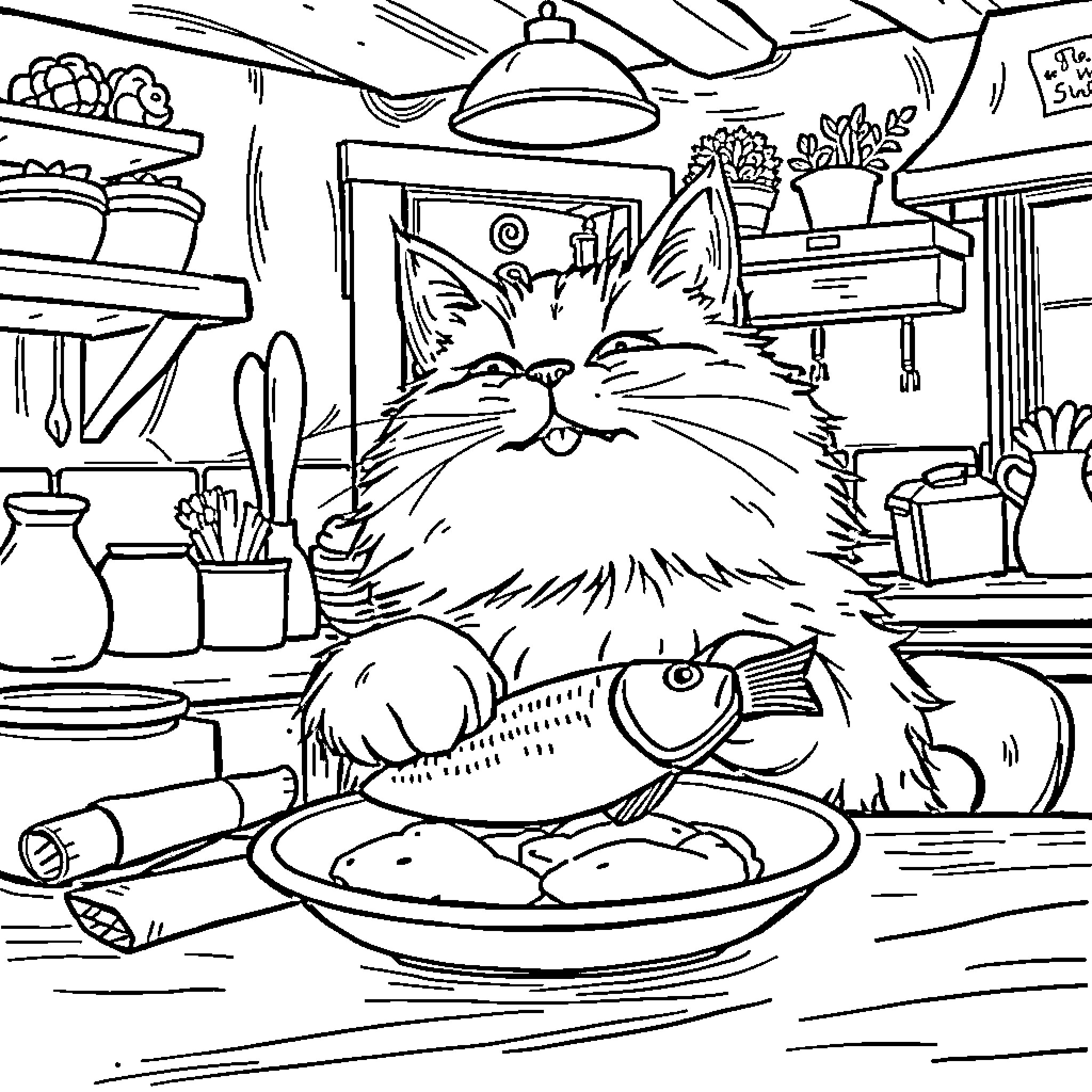 Cat enjoying a fish meal in the kitchen Coloring Page (free black-and-white line drawing printable PDF for all, from beginners to advanced learners, including children, teens, adults, and seniors)