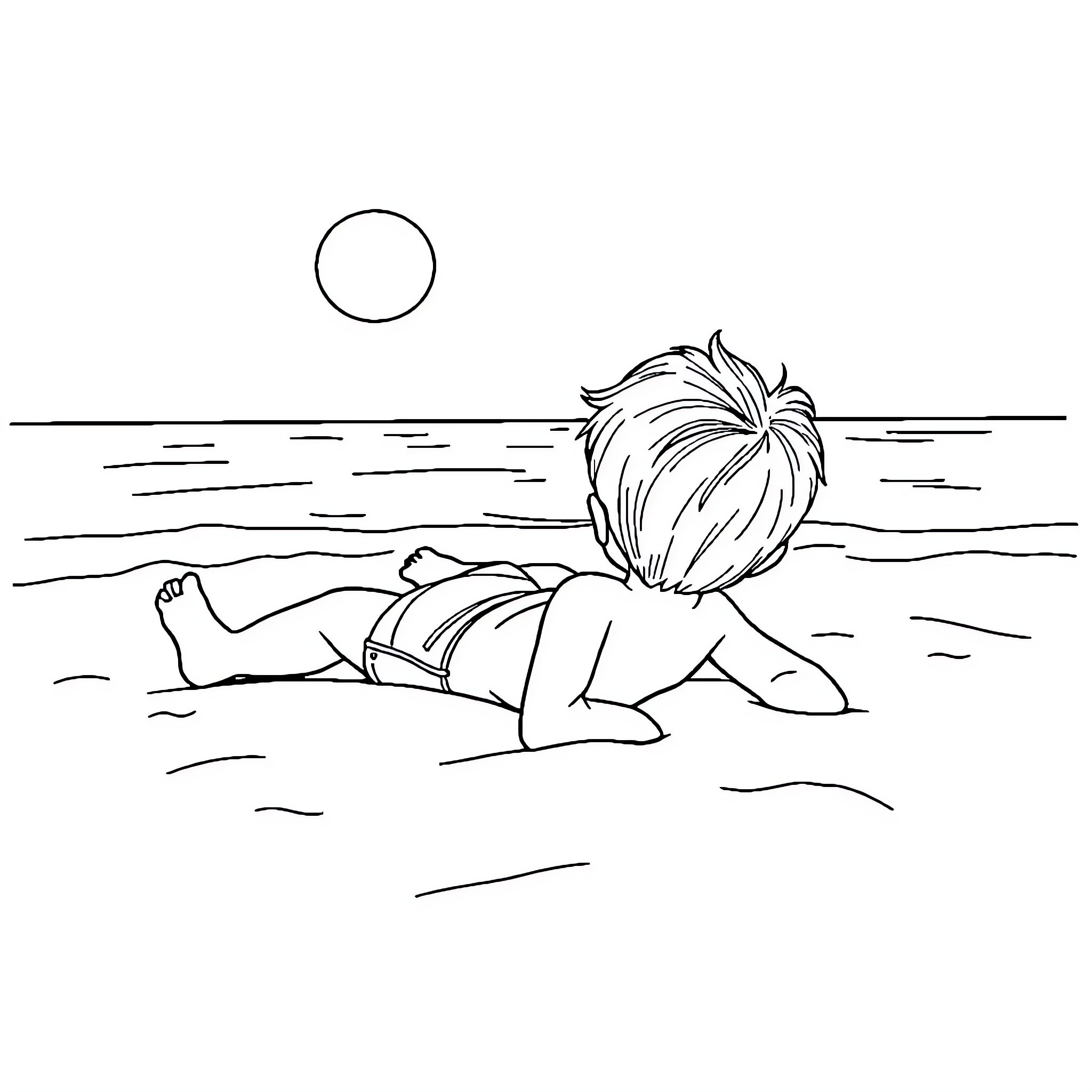 Child relaxing on the beach during sunset Coloring Page (free black-and-white line drawing printable PDF for all, from beginners to advanced learners, including children, teens, adults, and seniors)