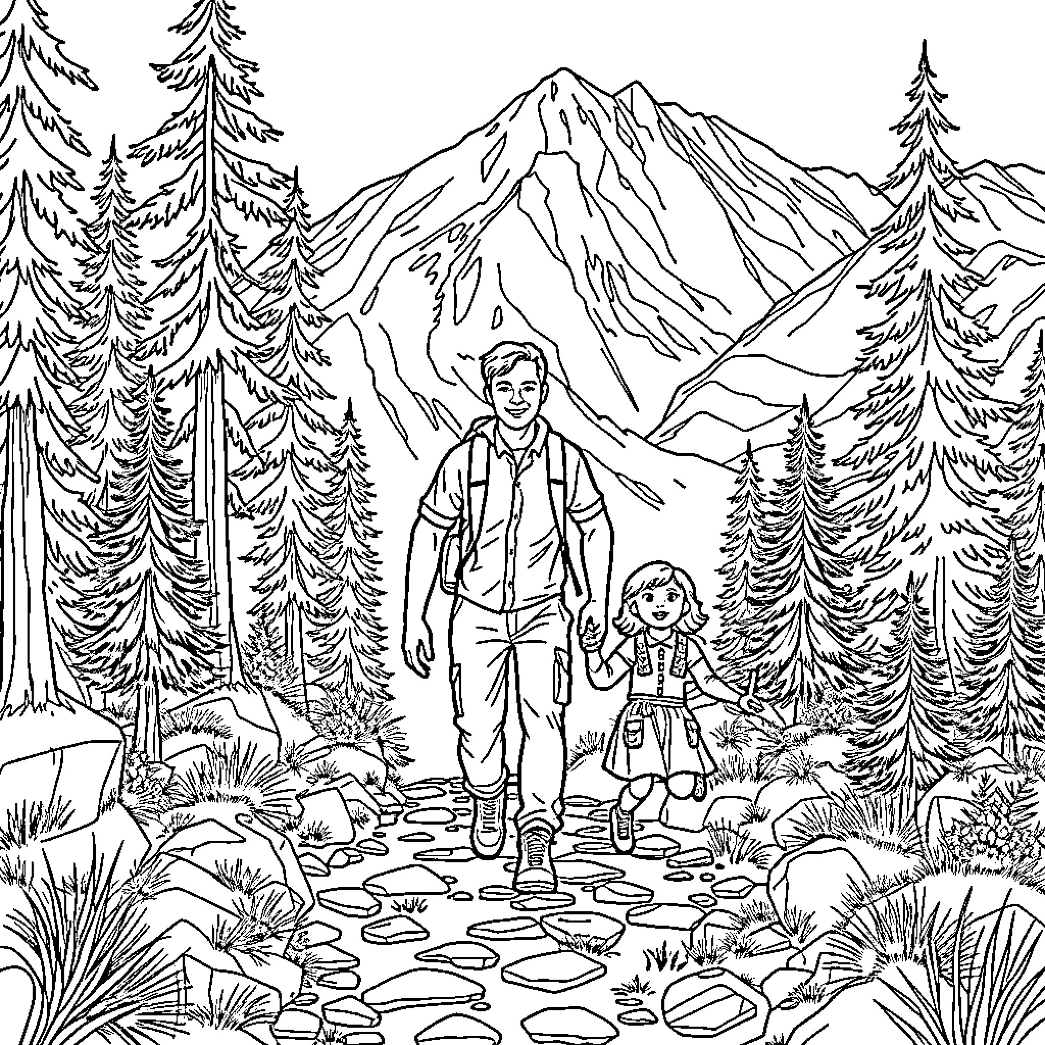 Father and child hiking through the mountains Coloring Page (free black-and-white line drawing printable PDF for all, from beginners to advanced learners, including children, teens, adults, and seniors)