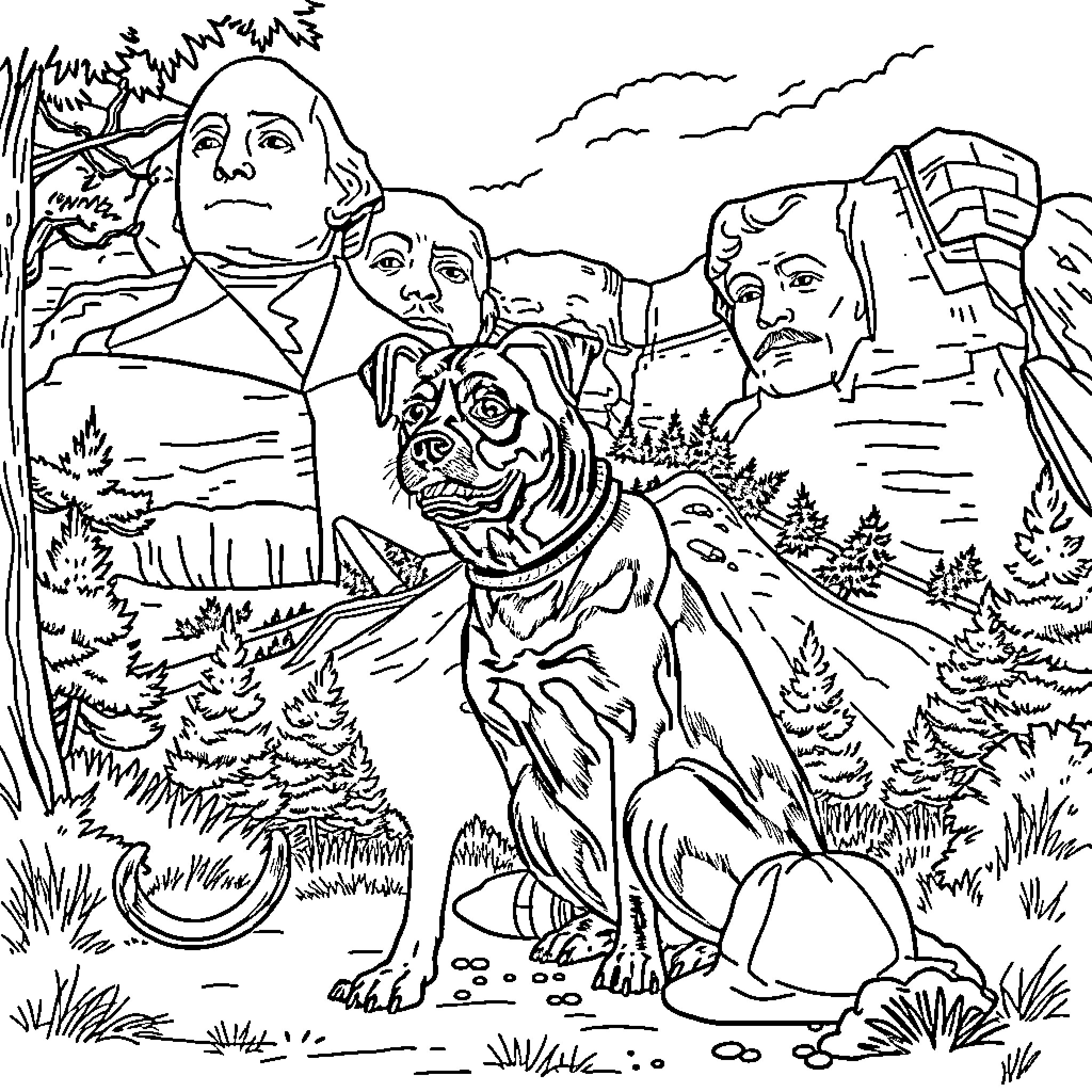 Dog Relaxing in Front of Famous Landmarks Coloring Page (free black-and-white line drawing printable PDF for all, from beginners to advanced learners, including children, teens, adults, and seniors)