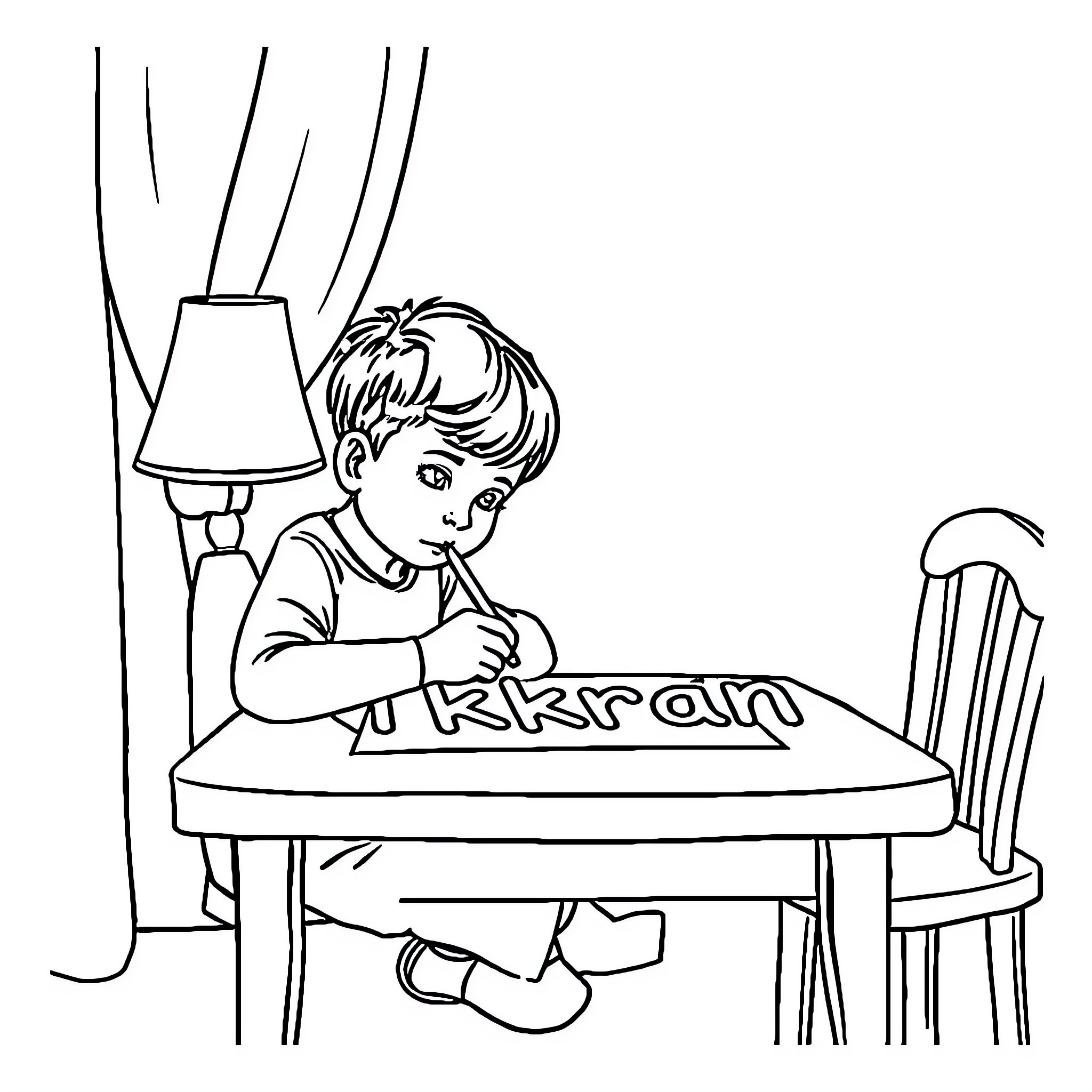 Boy drawing at the table under lamp Coloring Page (free black-and-white line drawing printable PDF for all, from beginners to advanced learners, including children, teens, adults, and seniors)
