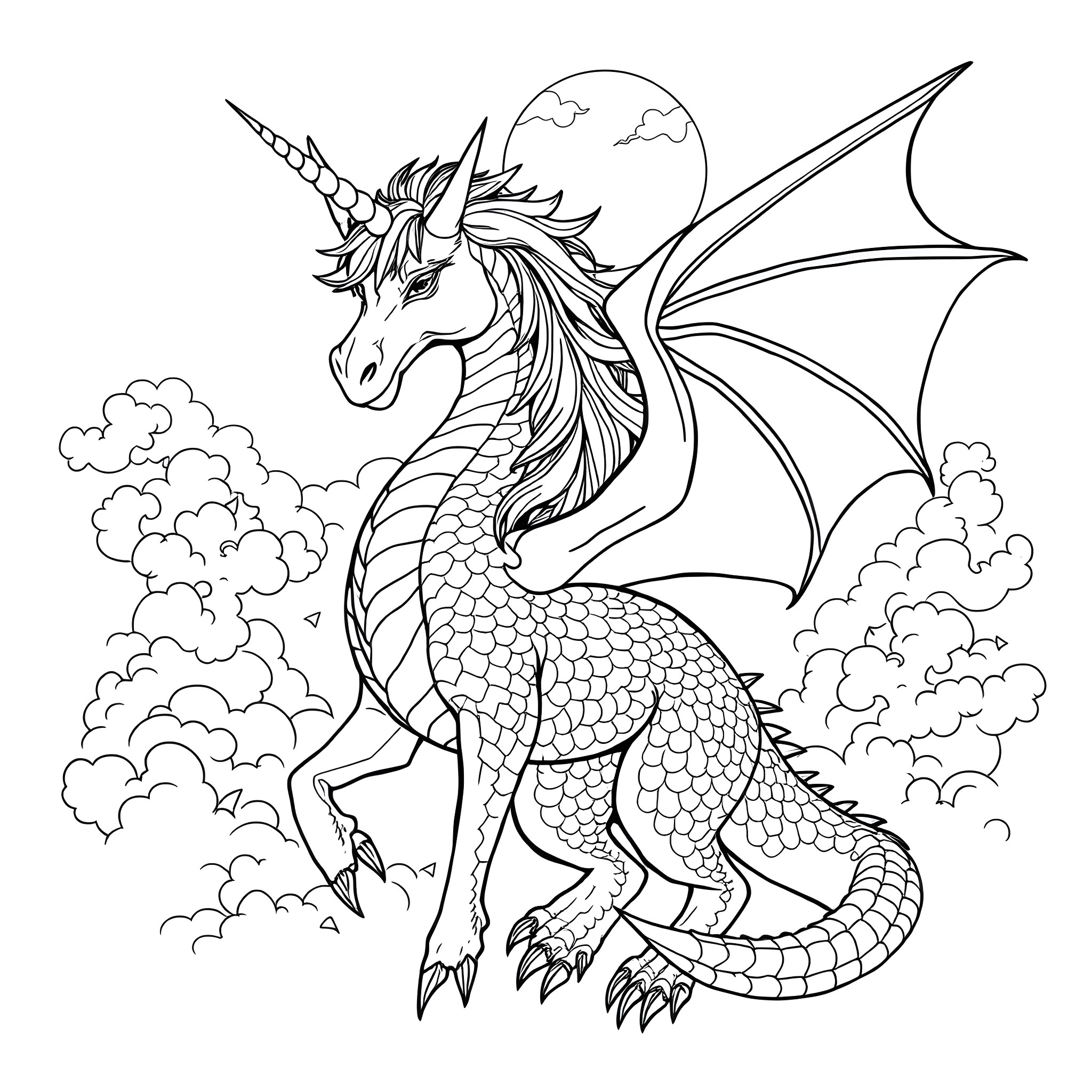 Unicorn-Dragon soaring through the clouds Coloring Page (free black-and-white line drawing printable PDF for all, from beginners to advanced learners, including children, teens, adults, and seniors)