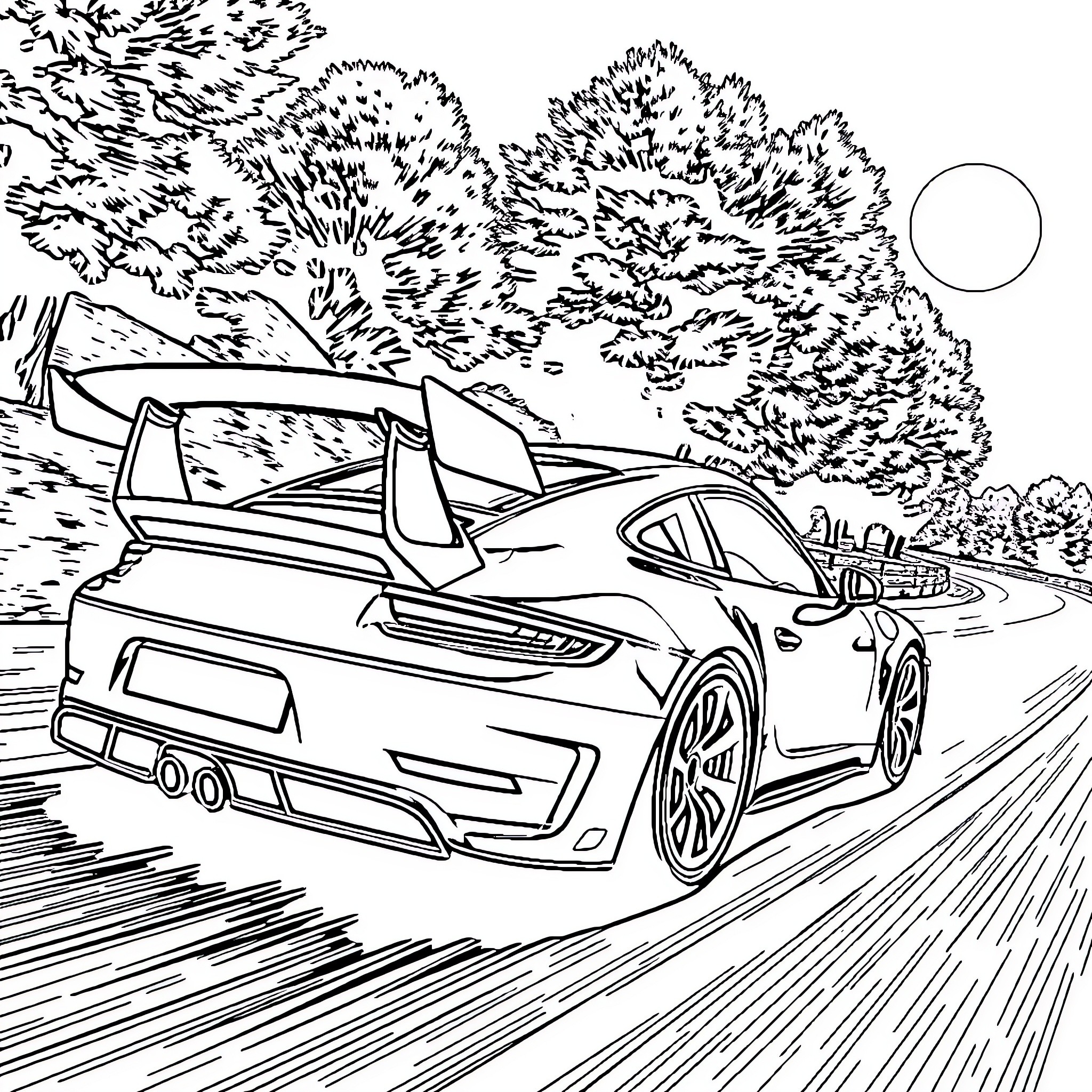 Porsche speeding through winding forest road Coloring Page (free black-and-white line drawing printable PDF for all, from beginners to advanced learners, including children, teens, adults, and seniors)