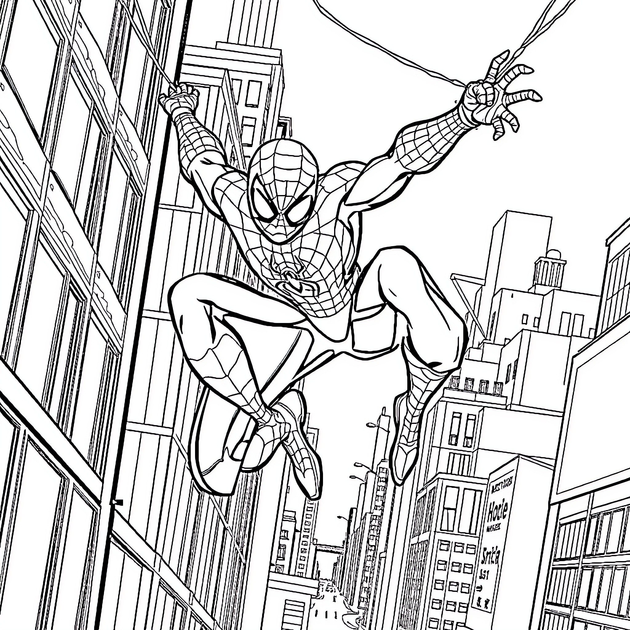 Spider-Man swinging through the city skyline Coloring Page (free black-and-white line drawing printable PDF for all, from beginners to advanced learners, including children, teens, adults, and seniors)