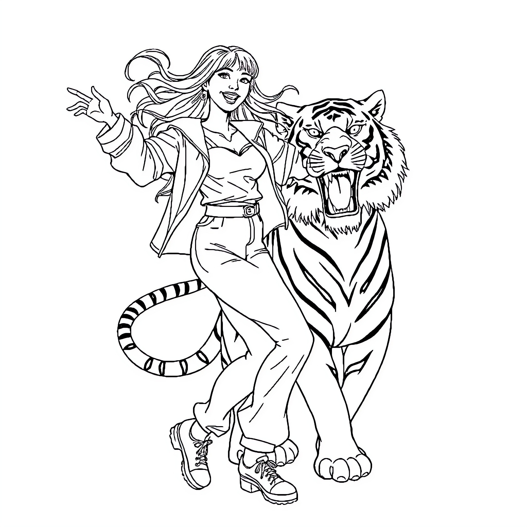 Kpop Performer Poses with Majestic Tiger Coloring Page (free black-and-white line drawing printable PDF for all, from beginners to advanced learners, including children, teens, adults, and seniors)
