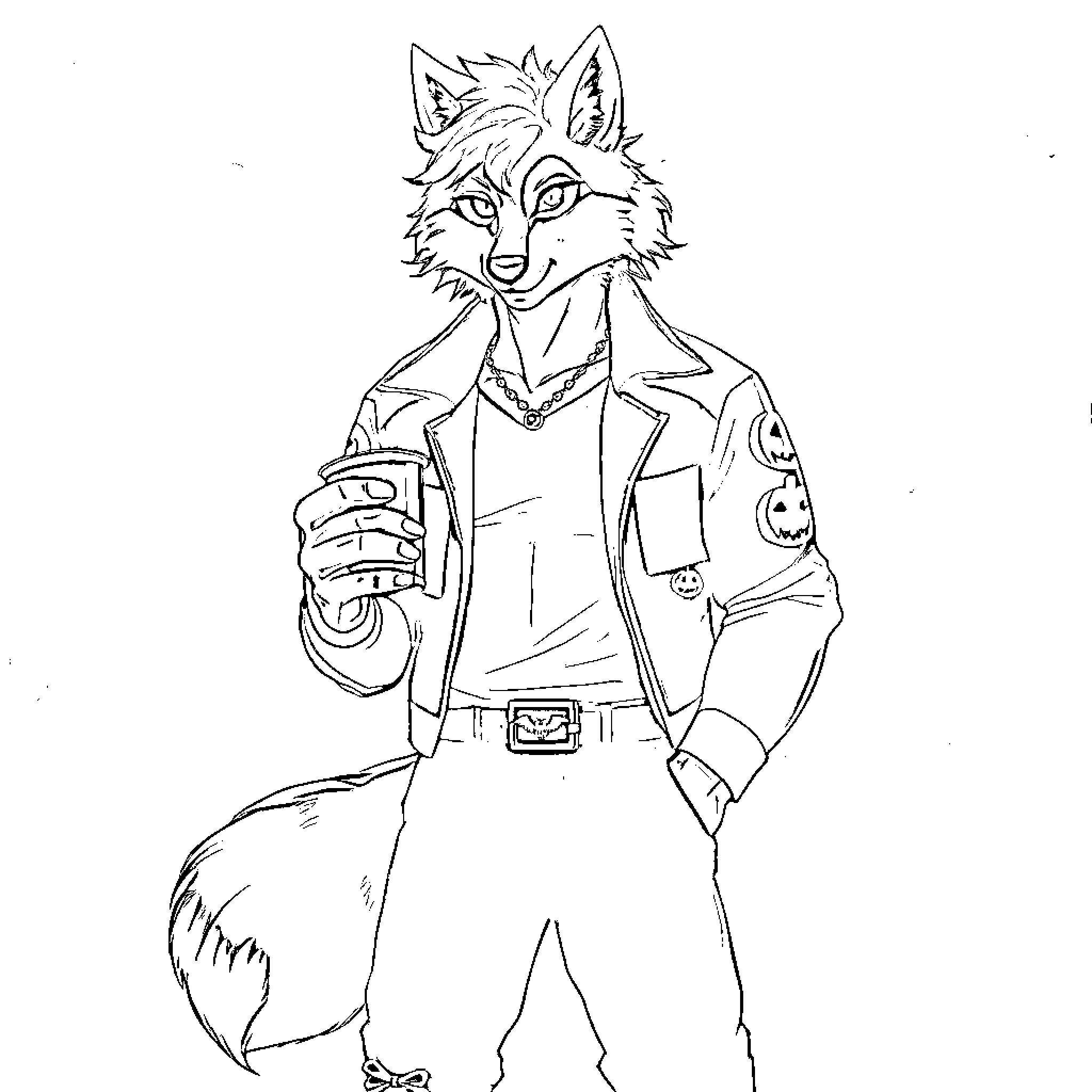 Wolf character in casual attire and holding a device Coloring Page (free black-and-white line drawing printable PDF for all, from beginners to advanced learners, including children, teens, adults, and seniors)