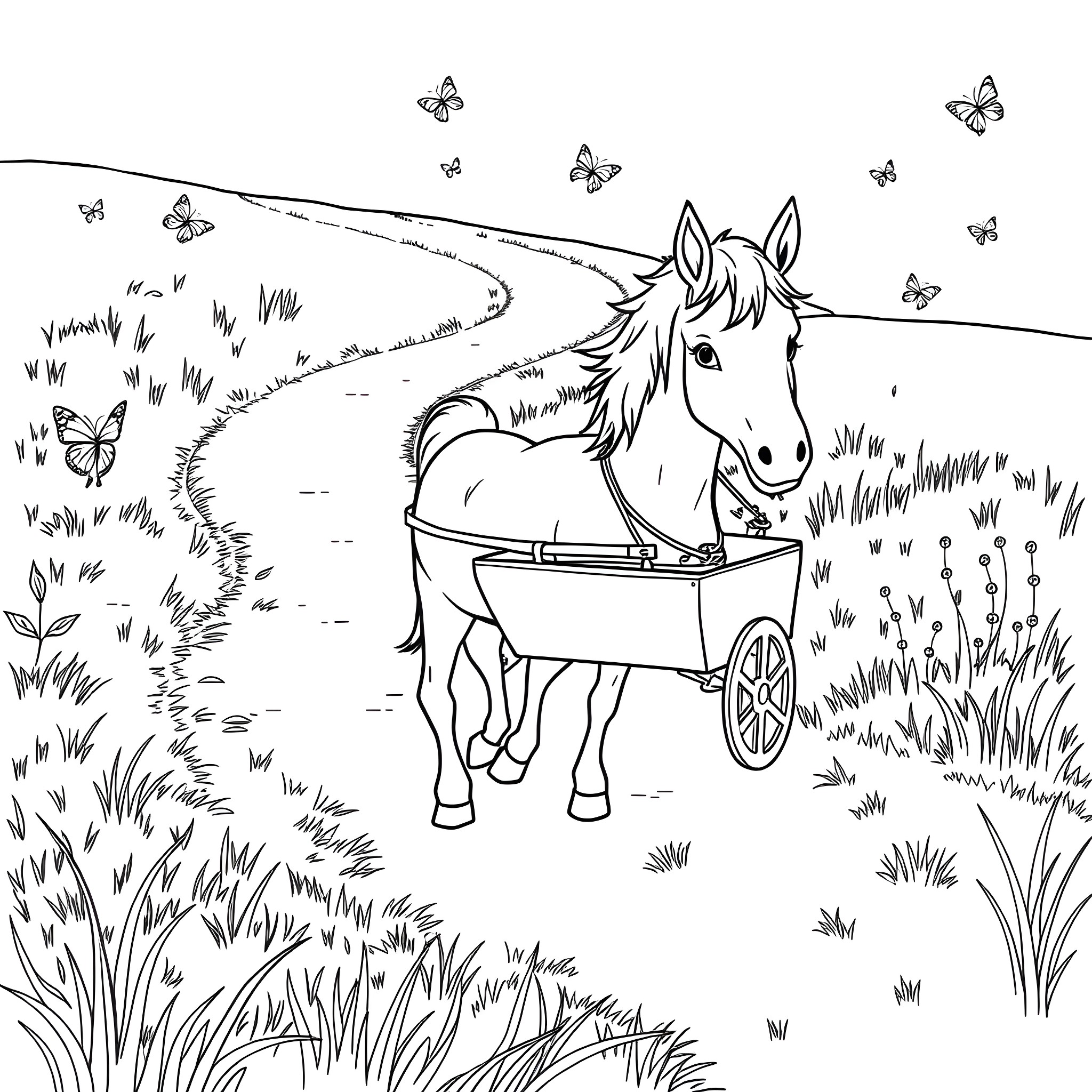 Mini Horse Pulling Cart through Meadow with Butterflies Coloring Page (free black-and-white line drawing printable PDF for all, from beginners to advanced learners, including children, teens, adults, and seniors)