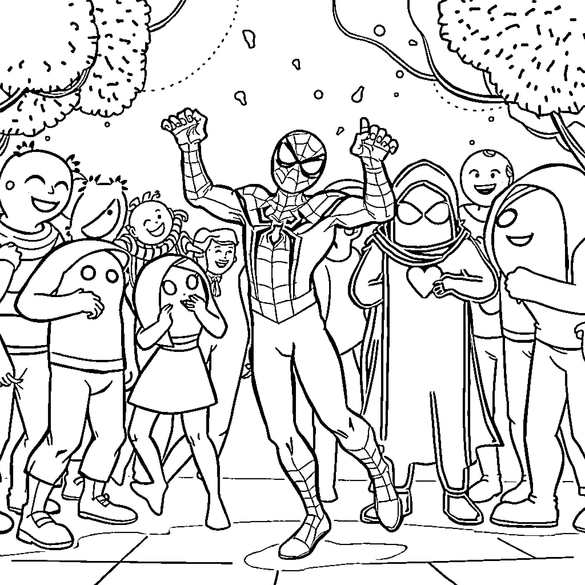Spiderman with superhero friends in action Coloring Page (free black-and-white line drawing printable PDF for all, from beginners to advanced learners, including children, teens, adults, and seniors)