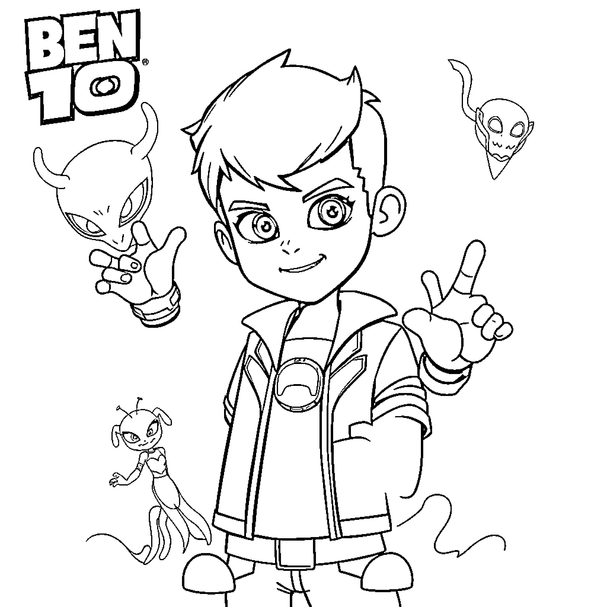 Ben 10 in action with alien friends Coloring Page (free black-and-white line drawing printable PDF for all, from beginners to advanced learners, including children, teens, adults, and seniors)
