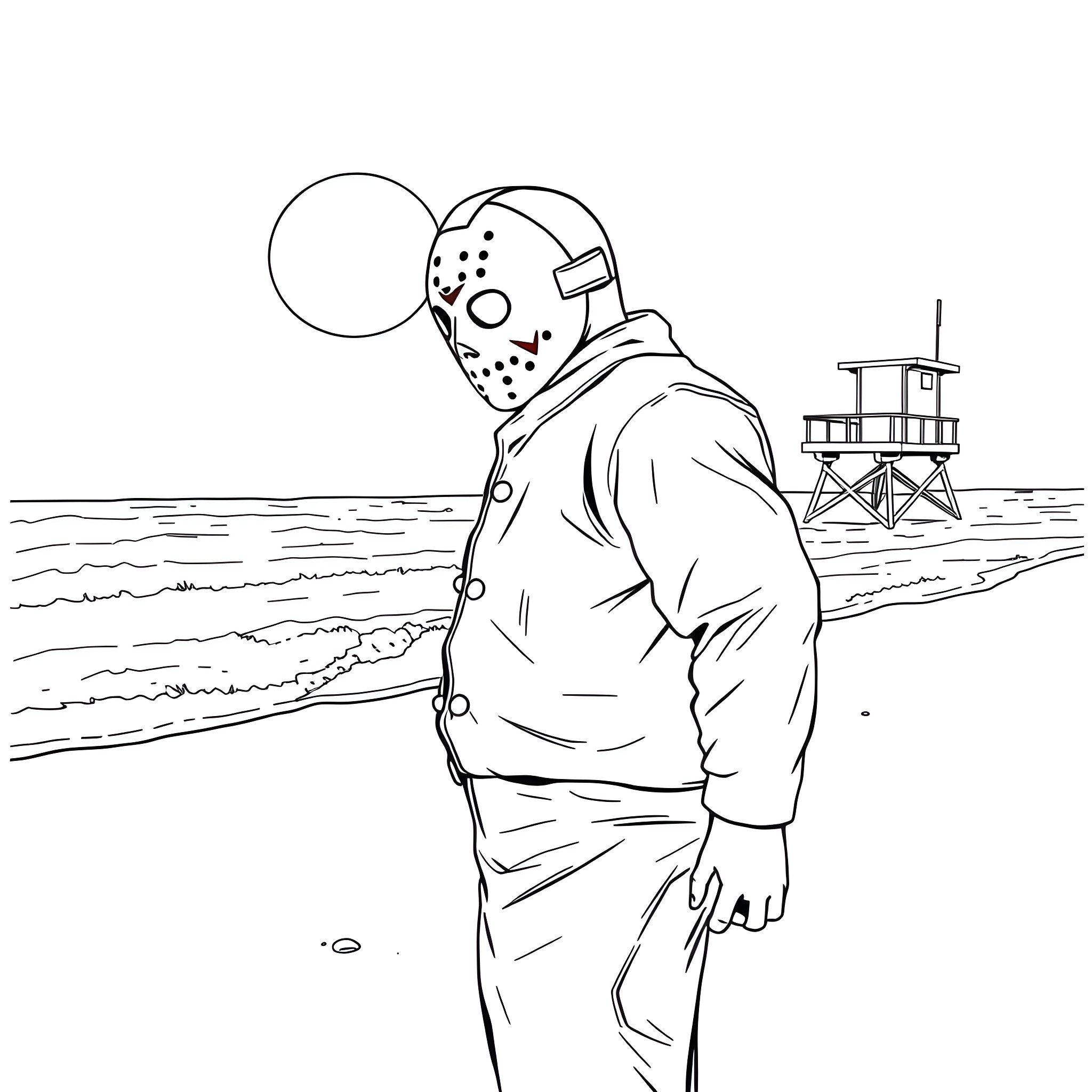 Jason Voorhees stalks the beach near lifeguard tower Coloring Page (free black-and-white line drawing printable PDF for all, from beginners to advanced learners, including children, teens, adults, and seniors)