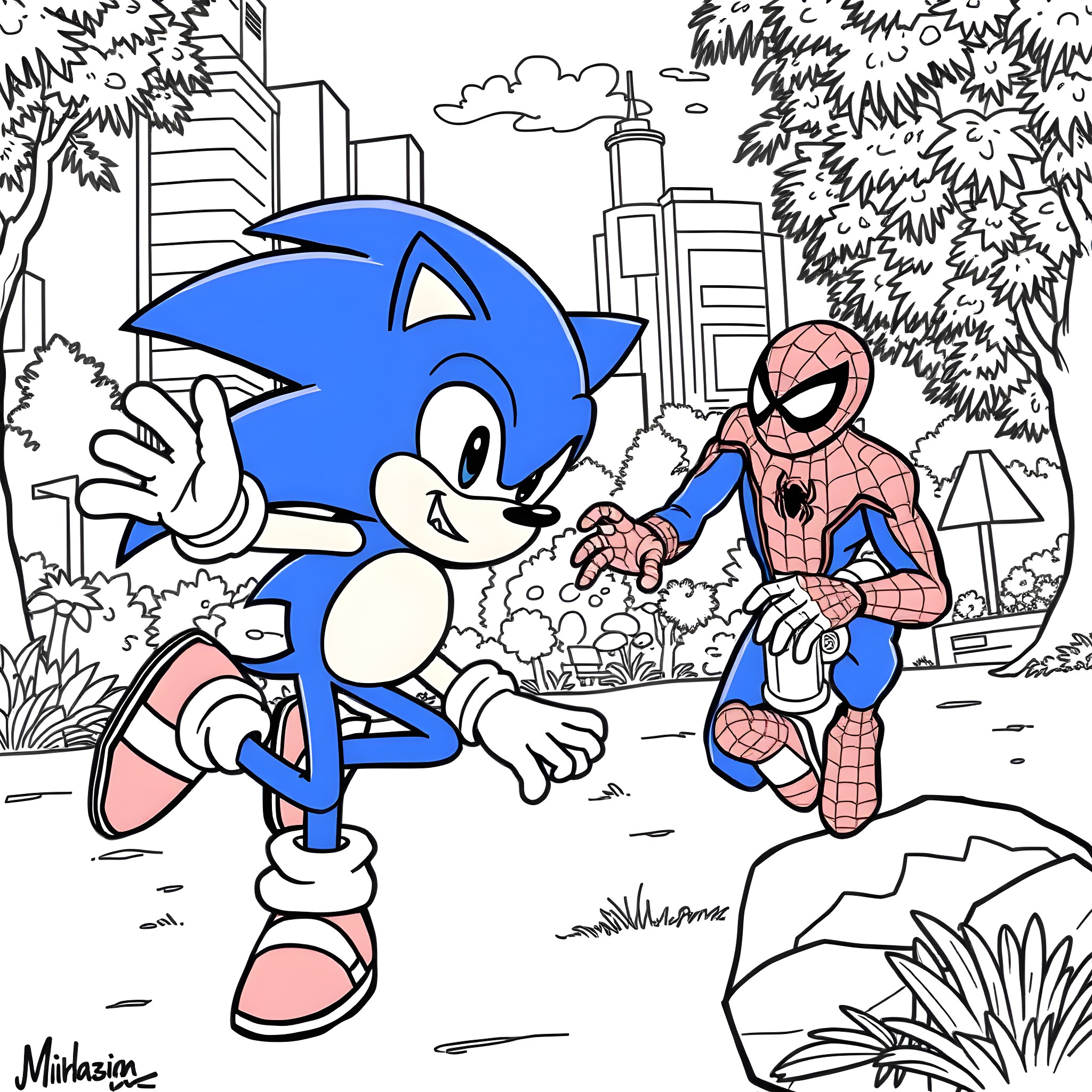 Sonic the Hedgehog and Spider-Man exploring the urban cityscape Coloring Page (free black-and-white line drawing printable PDF for all, from beginners to advanced learners, including children, teens, adults, and seniors)