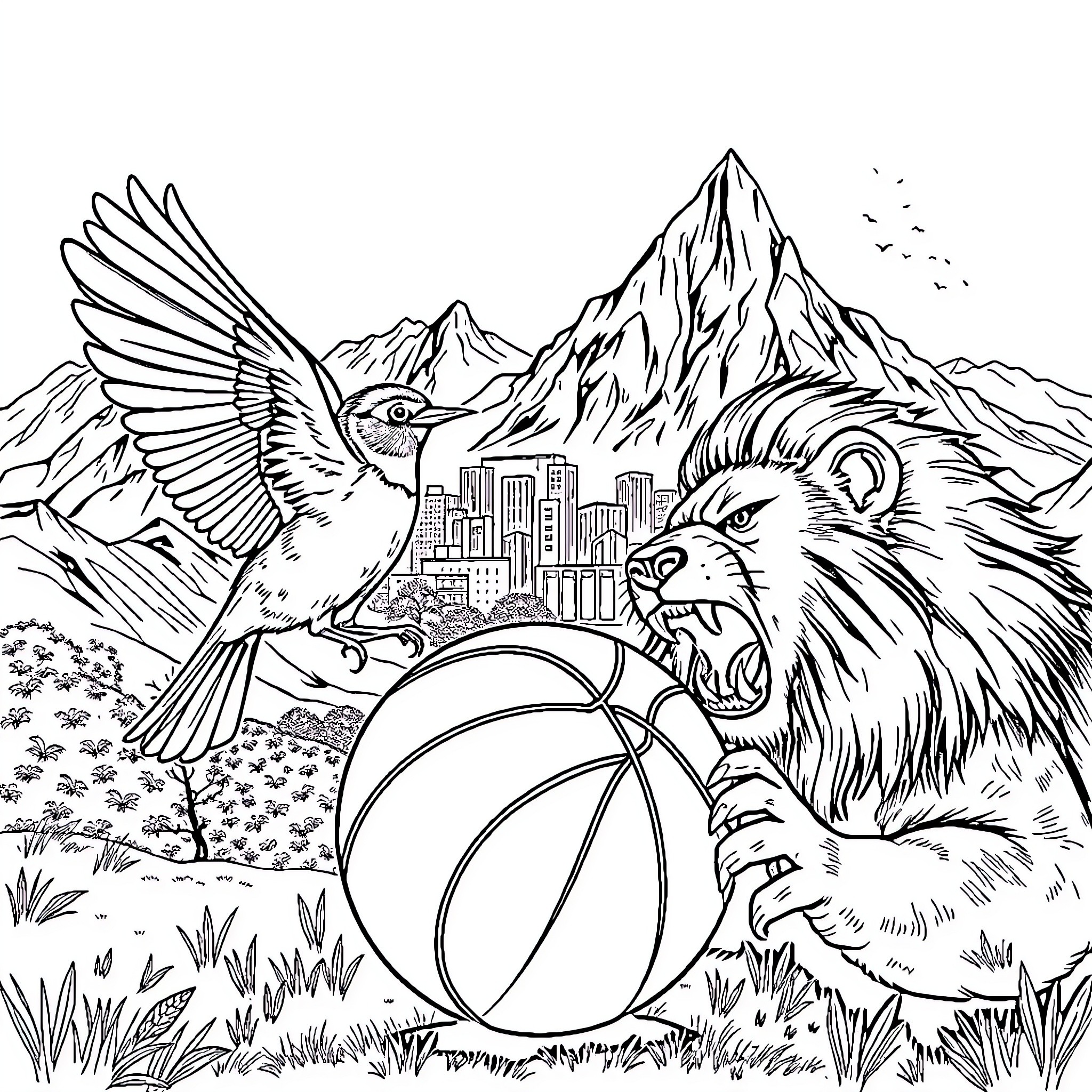Warbler singing near a mighty lion and basketball Coloring Page (free black-and-white line drawing printable PDF for all, from beginners to advanced learners, including children, teens, adults, and seniors)