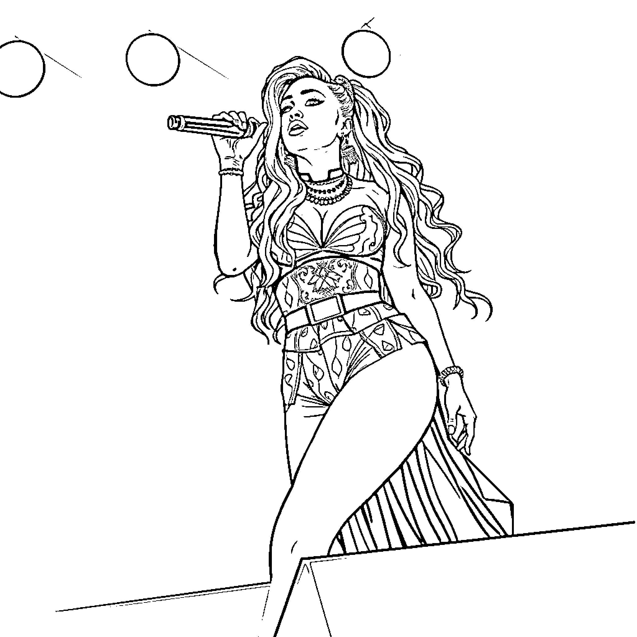 Niki Minaj performing on stage with elaborate outfit Coloring Page (free black-and-white line drawing printable PDF for all, from beginners to advanced learners, including children, teens, adults, and seniors)