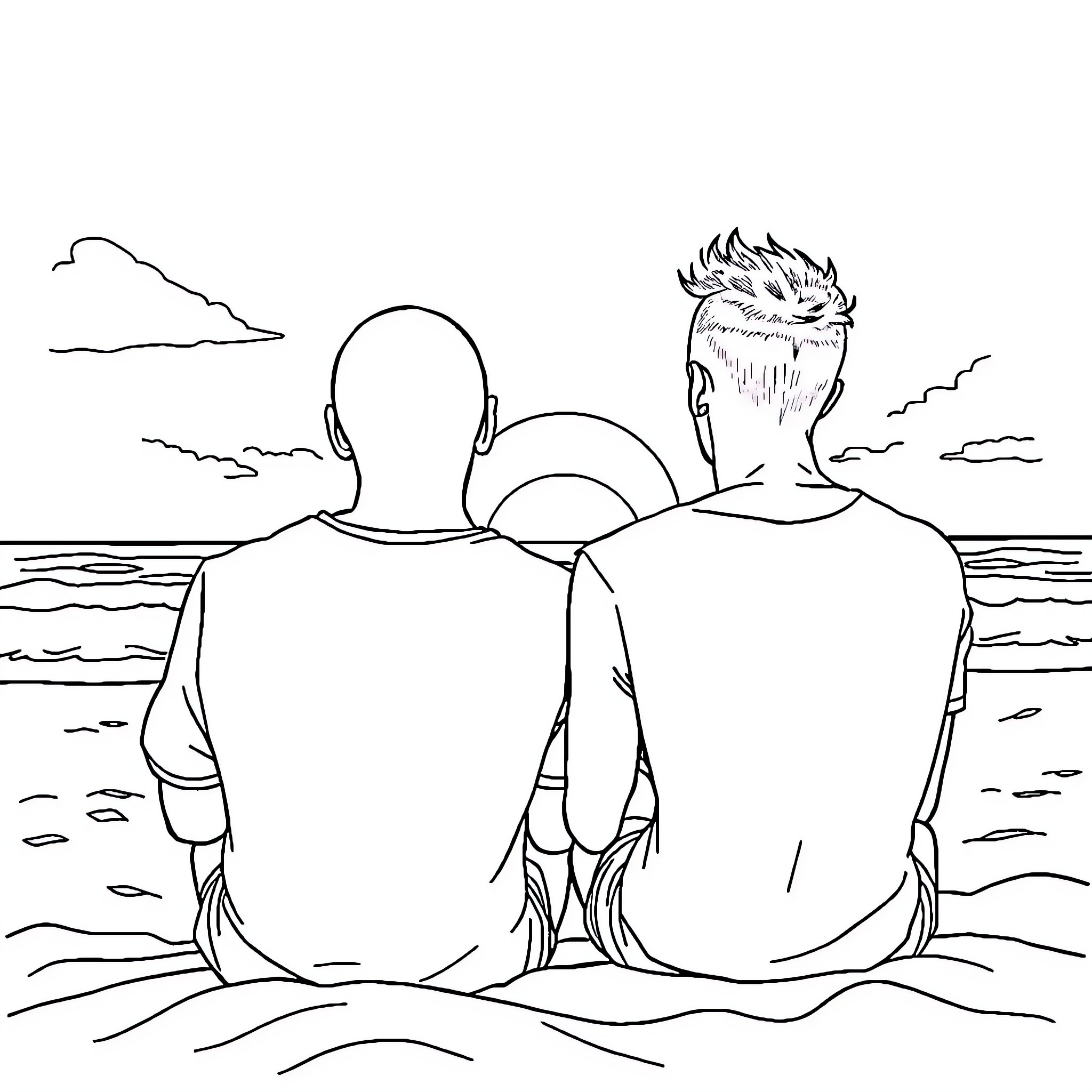 Guy sitting by the sea with a friend Coloring Page (free black-and-white line drawing printable PDF for all, from beginners to advanced learners, including children, teens, adults, and seniors)
