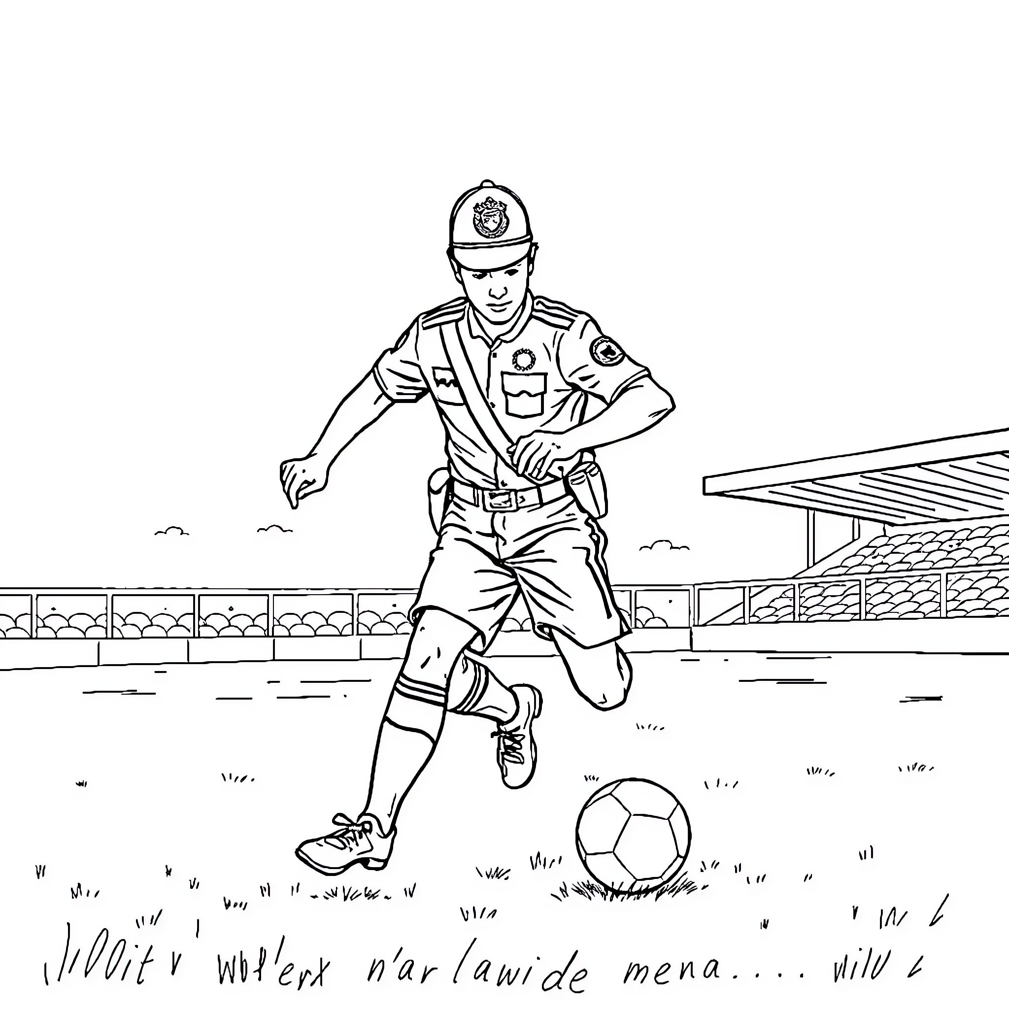 Pompier playing soccer on the field Coloring Page (free black-and-white line drawing printable PDF for all, from beginners to advanced learners, including children, teens, adults, and seniors)