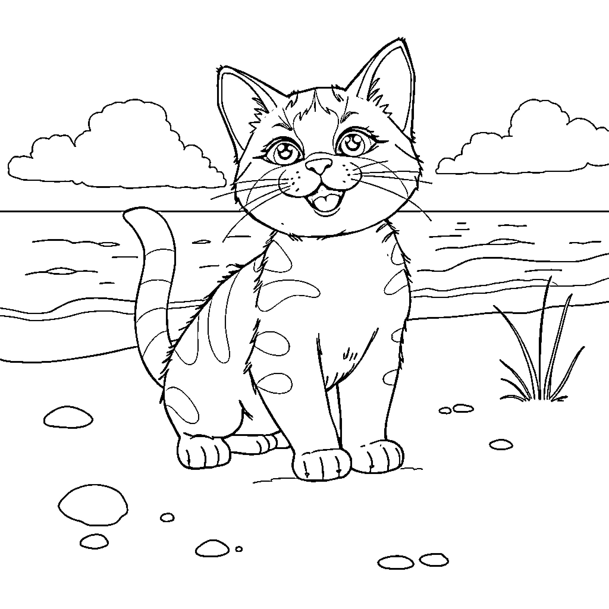 Cat exploring the outdoors with joy Coloring Page (free black-and-white line drawing printable PDF for all, from beginners to advanced learners, including children, teens, adults, and seniors)