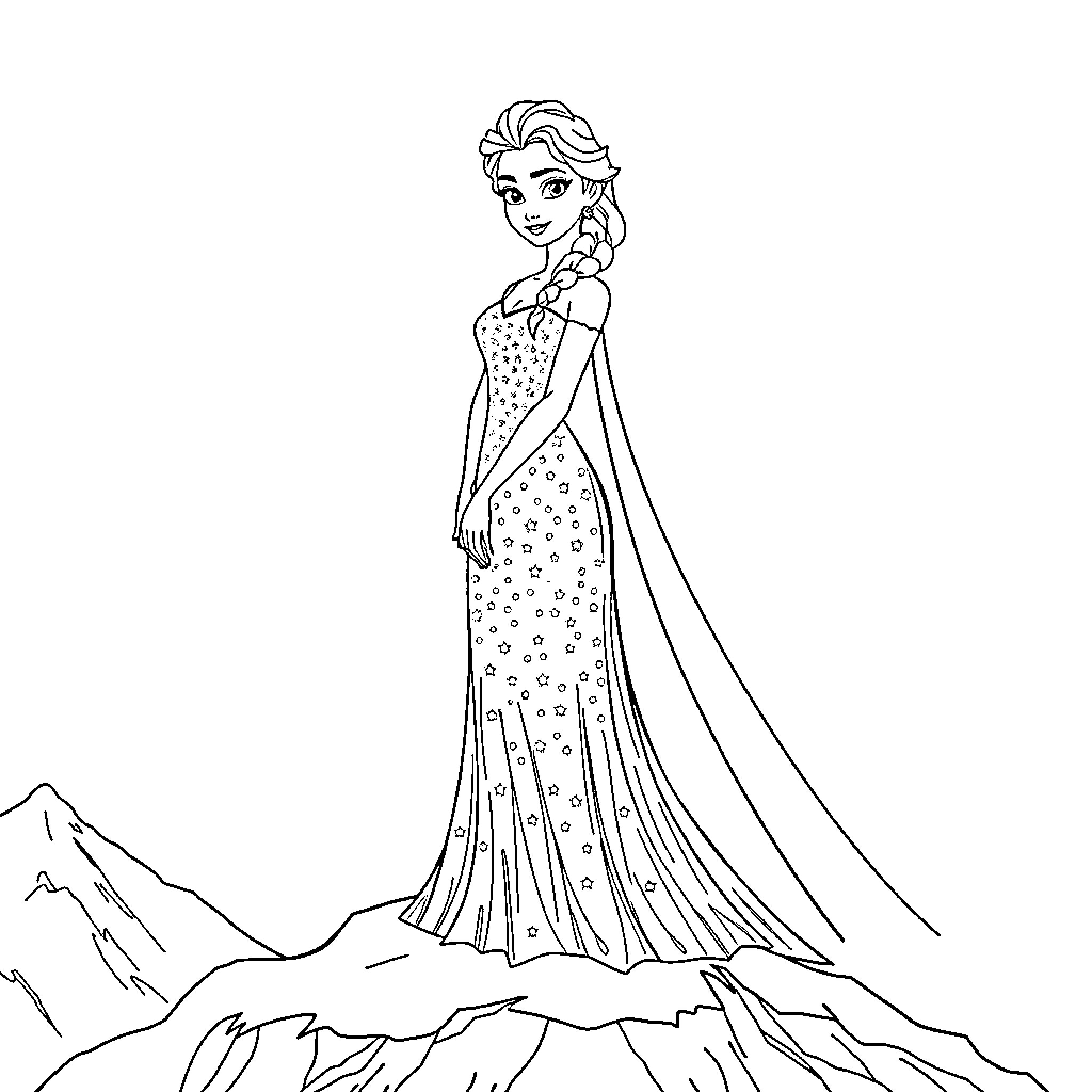 Queen Elsa in stunning ice-themed gown Coloring Page (free black-and-white line drawing printable PDF for all, from beginners to advanced learners, including children, teens, adults, and seniors)