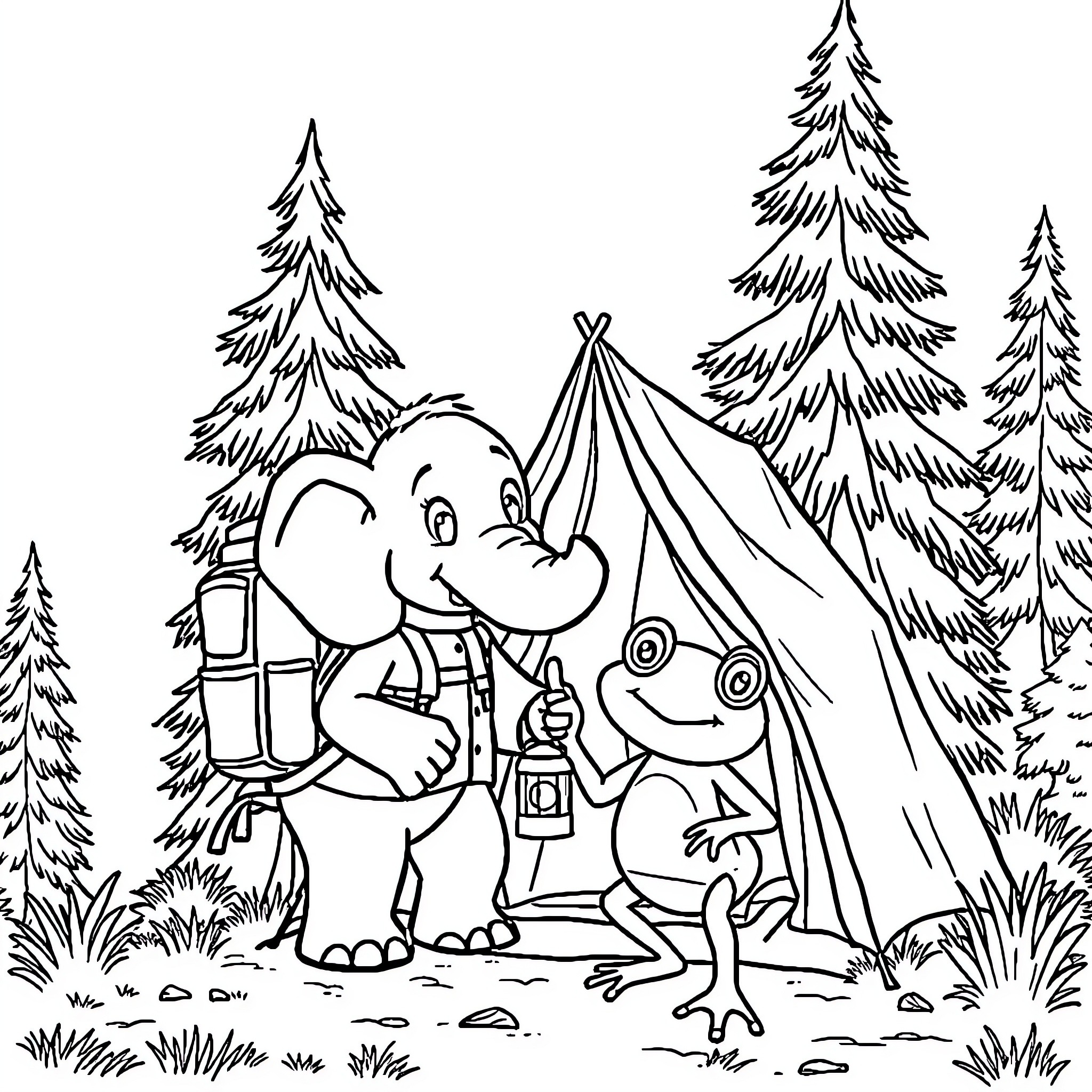 Elephant and frog camping in the forest Coloring Page (free black-and-white line drawing printable PDF for all, from beginners to advanced learners, including children, teens, adults, and seniors)