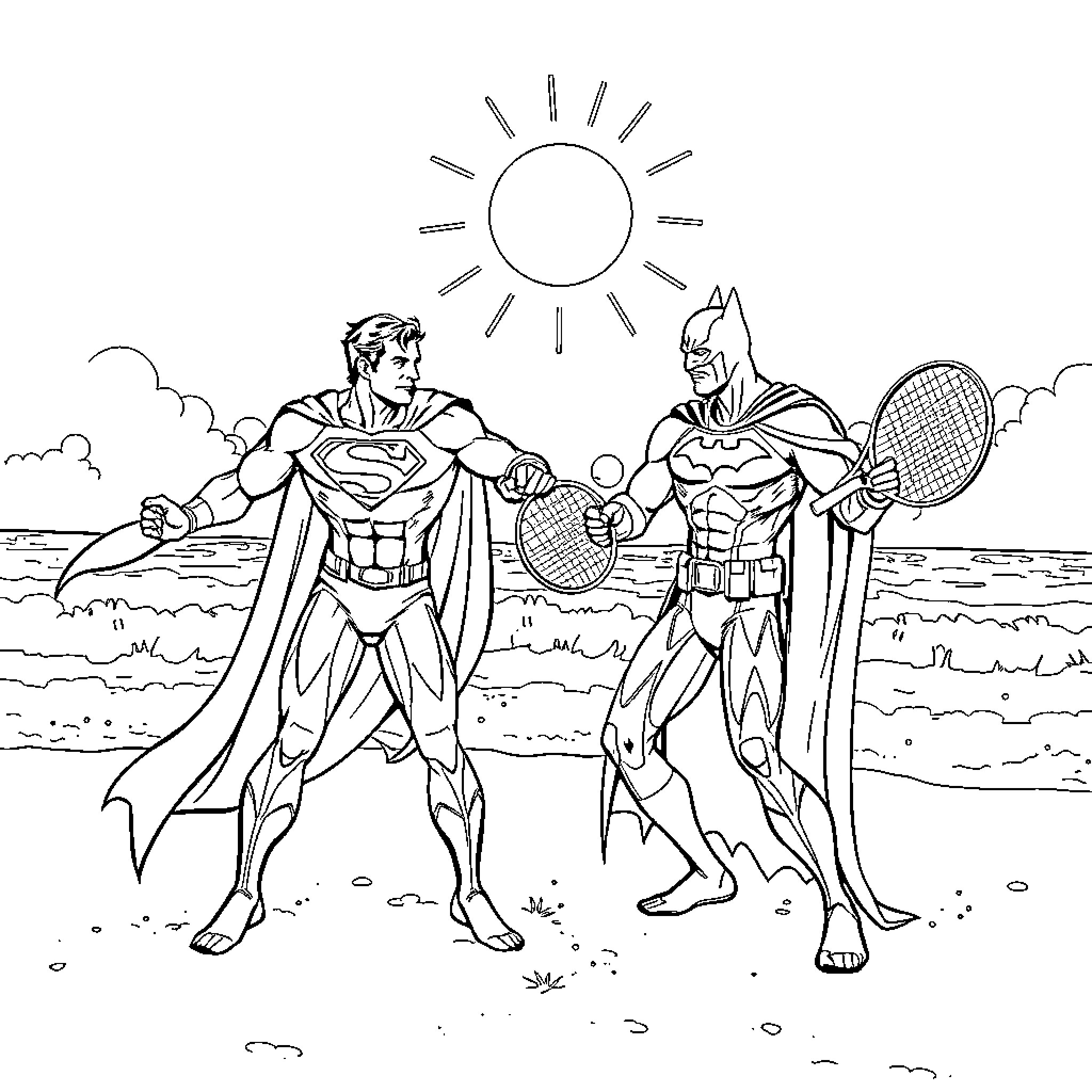 Superman and Batman playing tennis in the sun Coloring Page (free black-and-white line drawing printable PDF for all, from beginners to advanced learners, including children, teens, adults, and seniors)