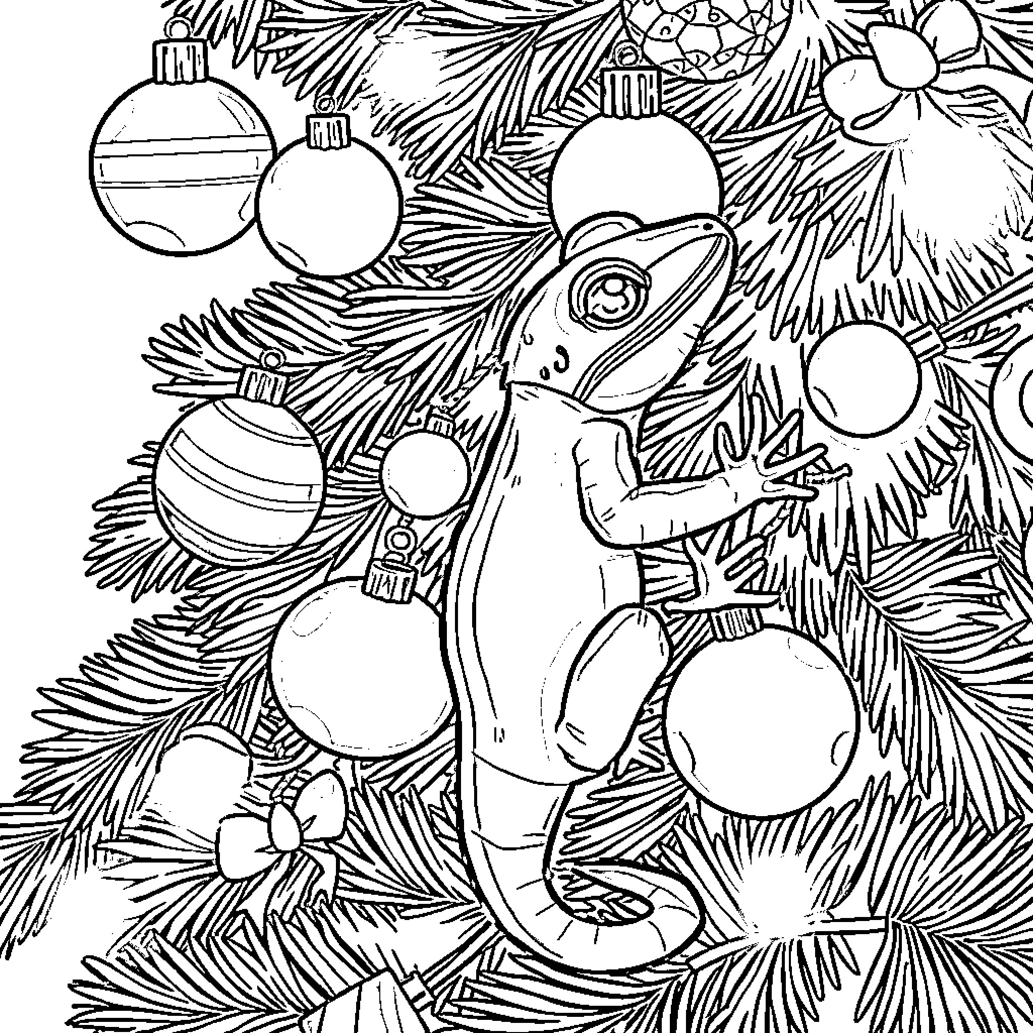 Gecko decorating a Christmas tree Coloring Page (free black-and-white line drawing printable PDF for all, from beginners to advanced learners, including children, teens, adults, and seniors)