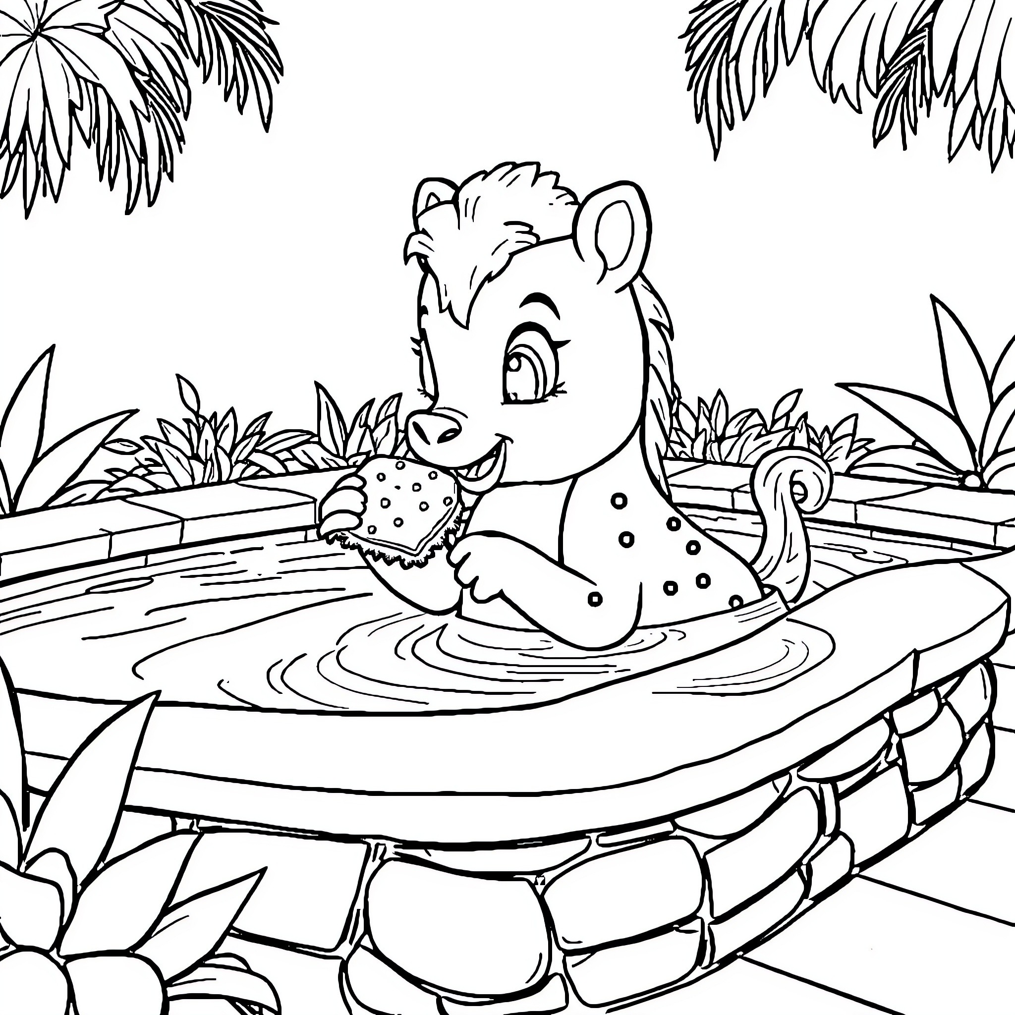 Dolphin enjoying a relaxing soak in the pond Coloring Page (free black-and-white line drawing printable PDF for all, from beginners to advanced learners, including children, teens, adults, and seniors)