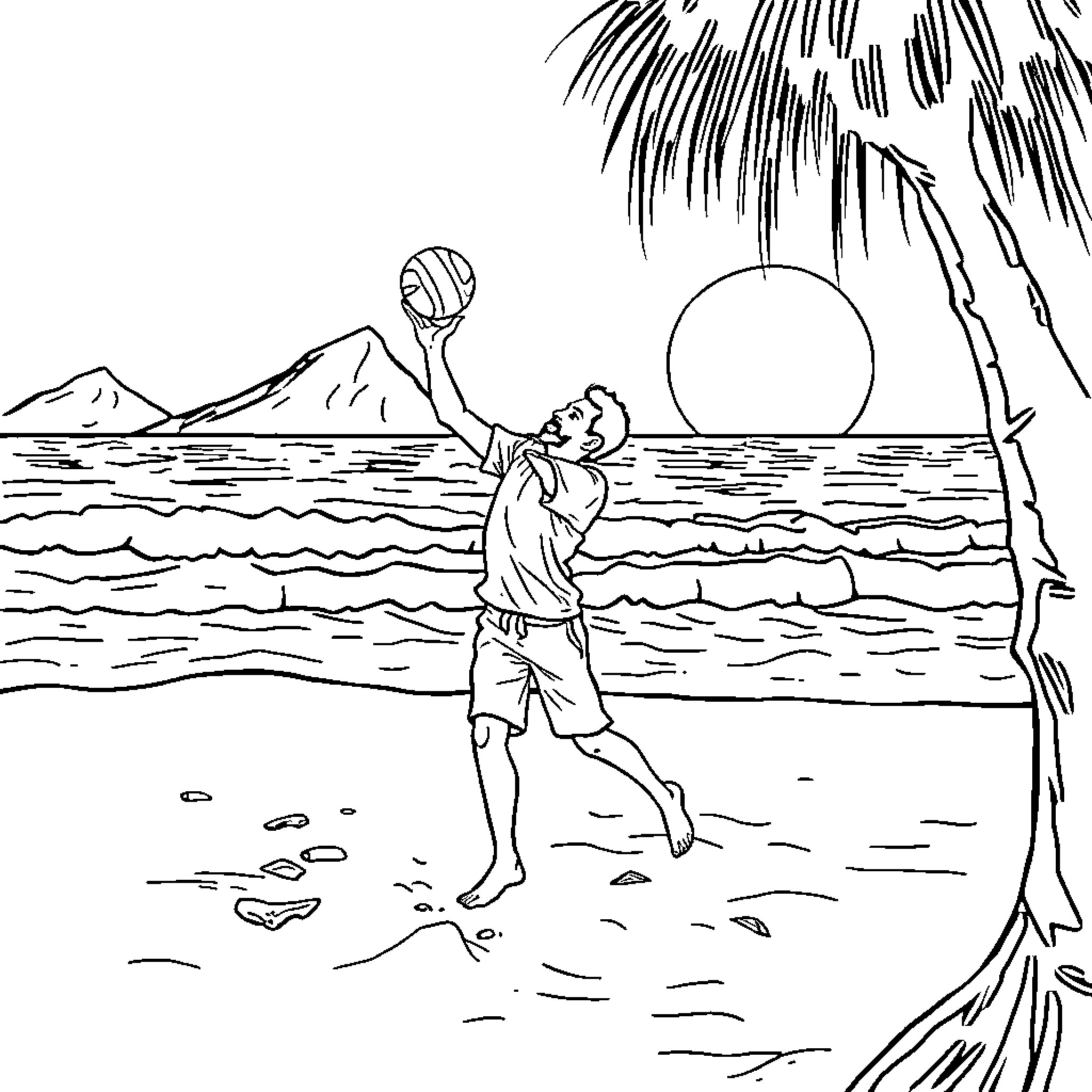 Abey Ahmed playing volleyball on the beach Coloring Page (free black-and-white line drawing printable PDF for all, from beginners to advanced learners, including children, teens, adults, and seniors)