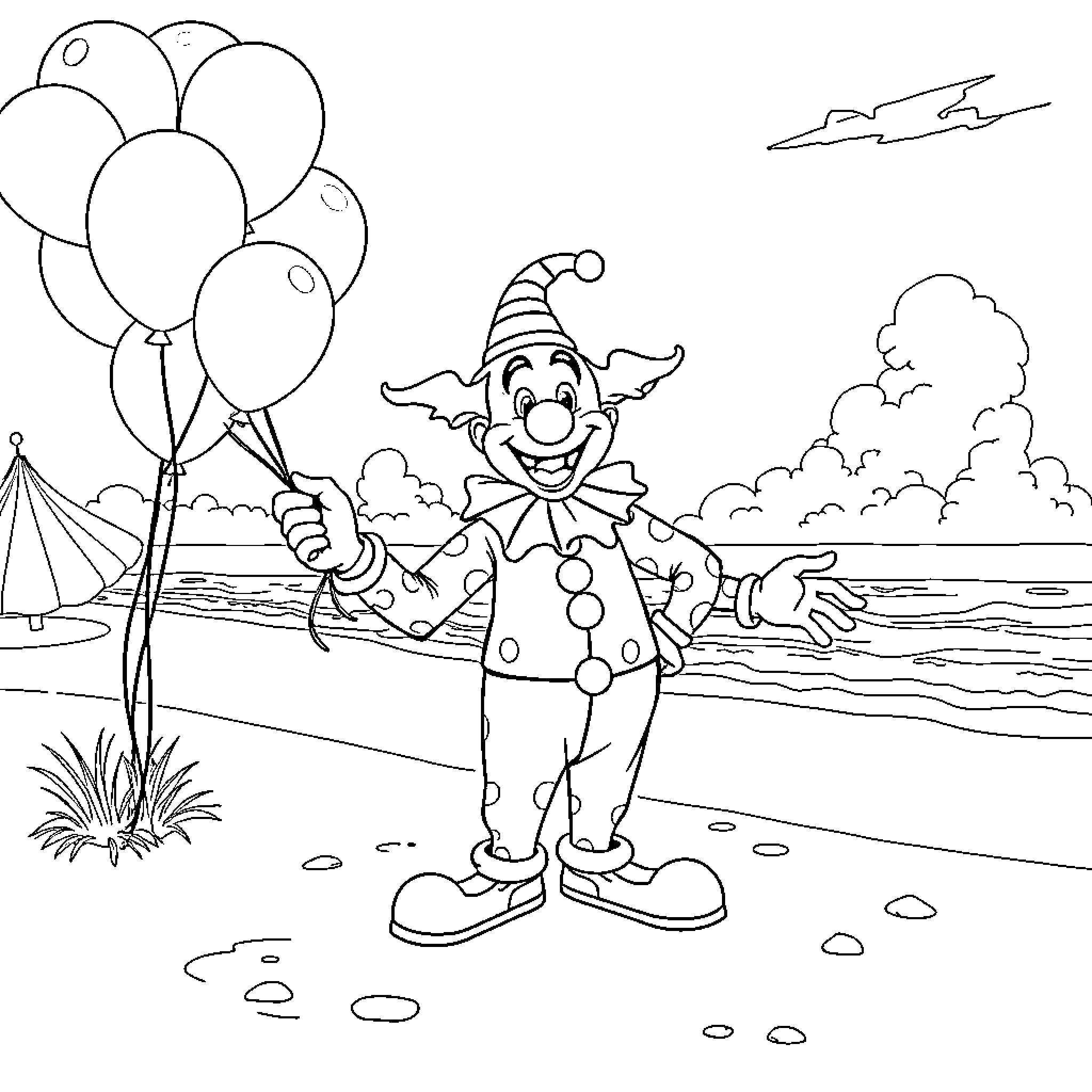 Clown entertaining with balloons at the beach Coloring Page (free black-and-white line drawing printable PDF for all, from beginners to advanced learners, including children, teens, adults, and seniors)