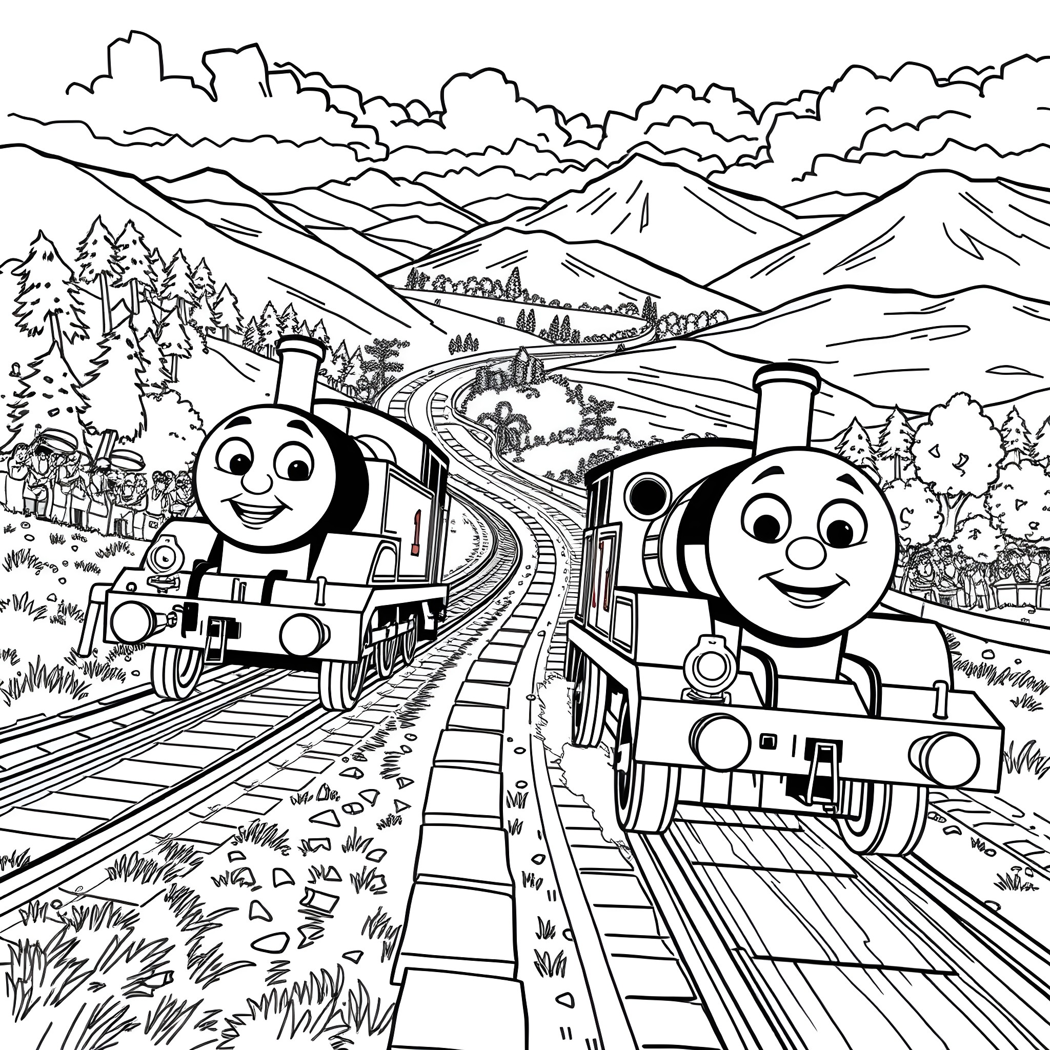 Thomas and Lightning McQueen racing through the countryside Coloring Page (free black-and-white line drawing printable PDF for all, from beginners to advanced learners, including children, teens, adults, and seniors)