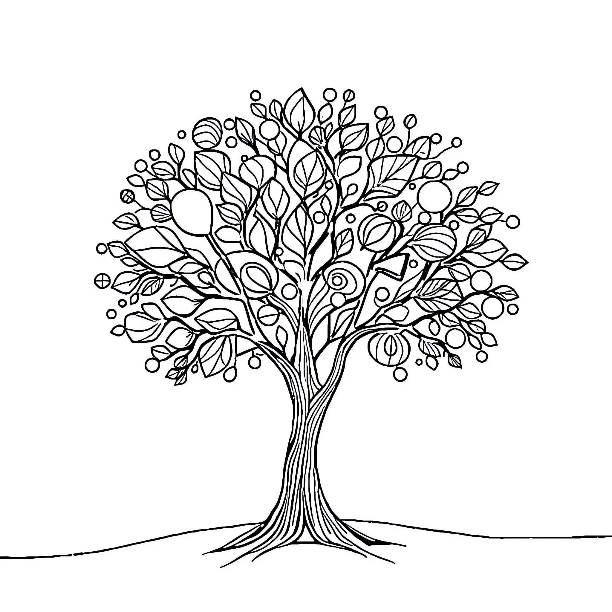 Tree with Intricate Foliage Coloring Page (free black-and-white line drawing printable PDF for all, from beginners to advanced learners, including children, teens, adults, and seniors)