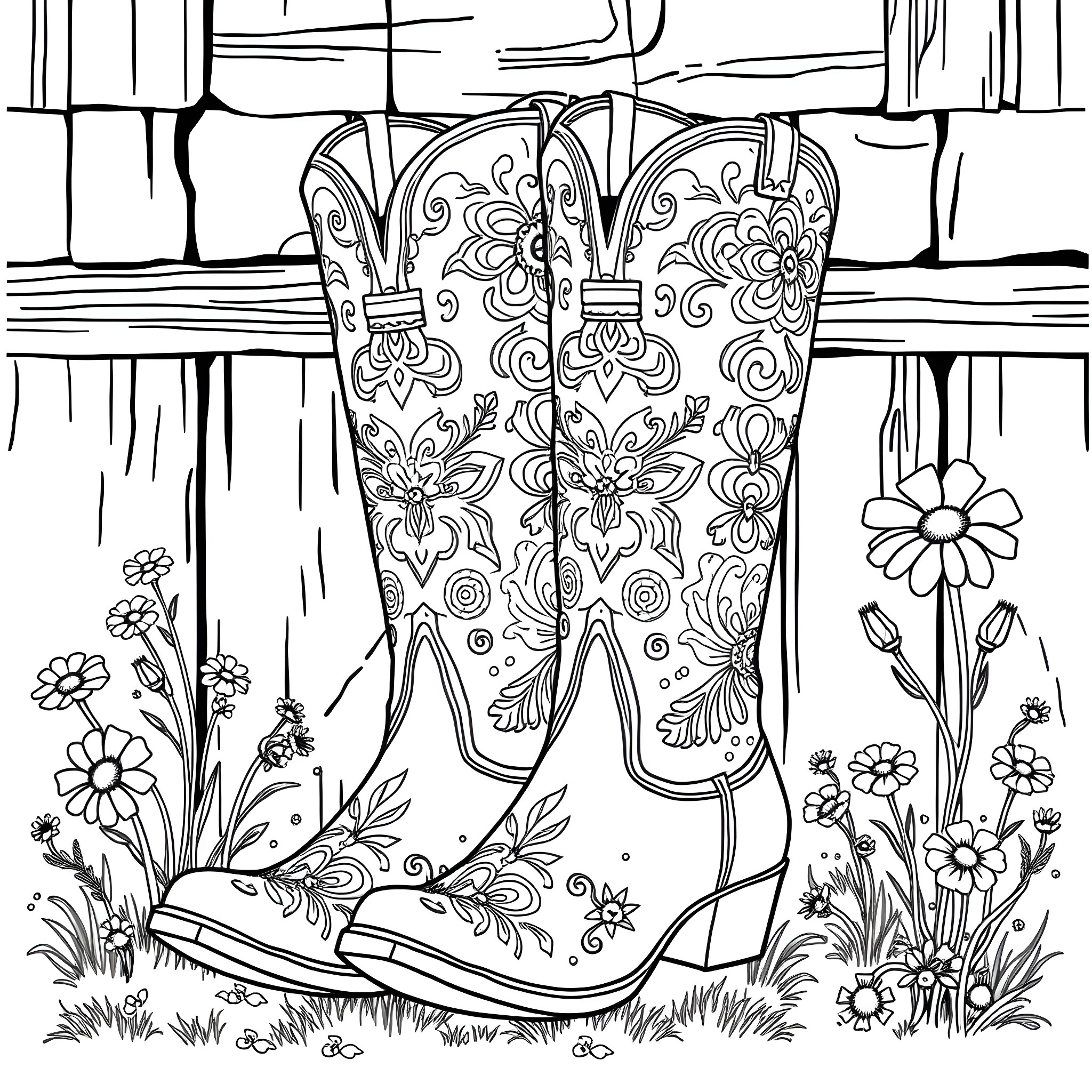 Cowgirl Boot Adorned with Floral Patterns Coloring Page (free black-and-white line drawing printable PDF for all, from beginners to advanced learners, including children, teens, adults, and seniors)