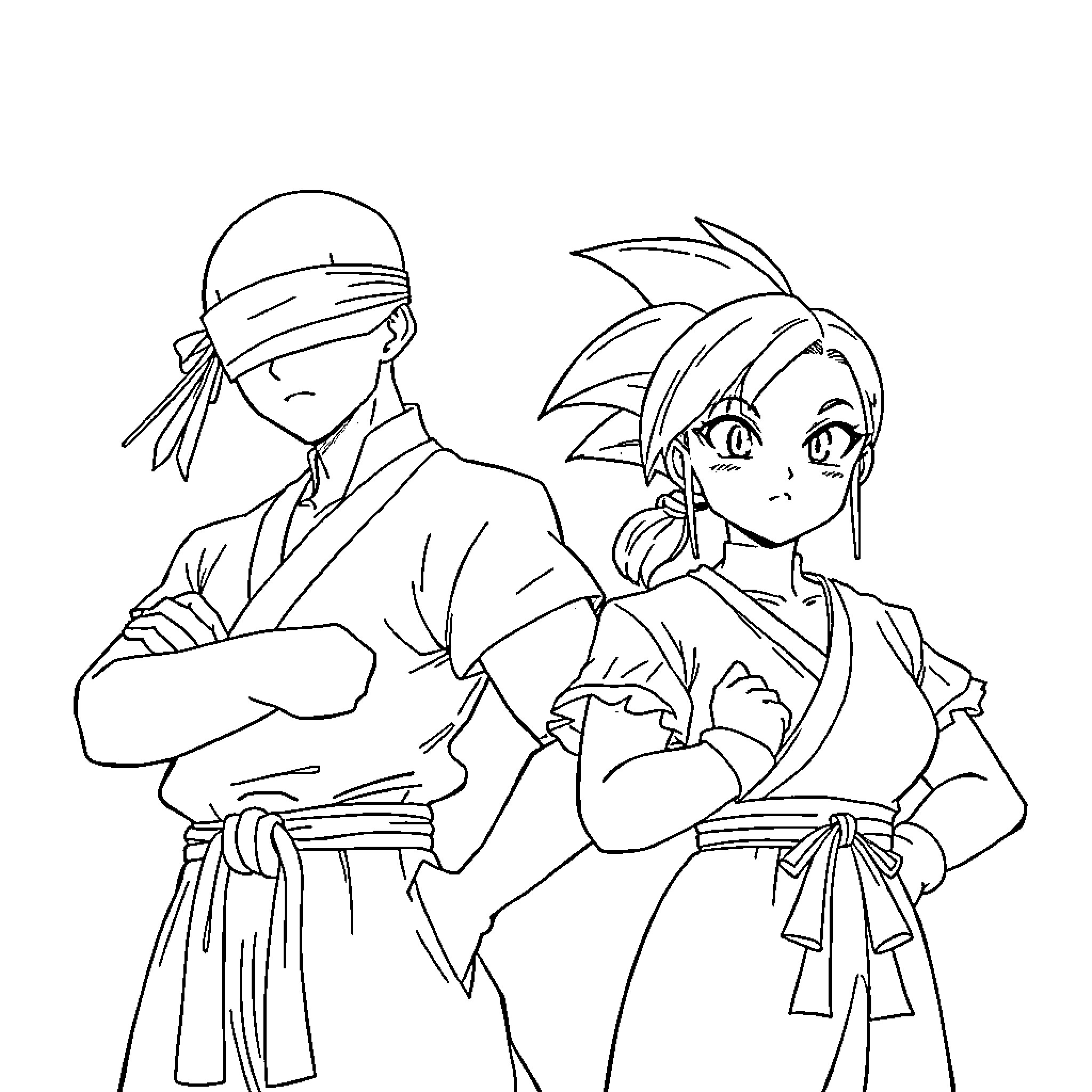 Satoru Gojo and companion in battle attire Coloring Page (free black-and-white line drawing printable PDF for all, from beginners to advanced learners, including children, teens, adults, and seniors)