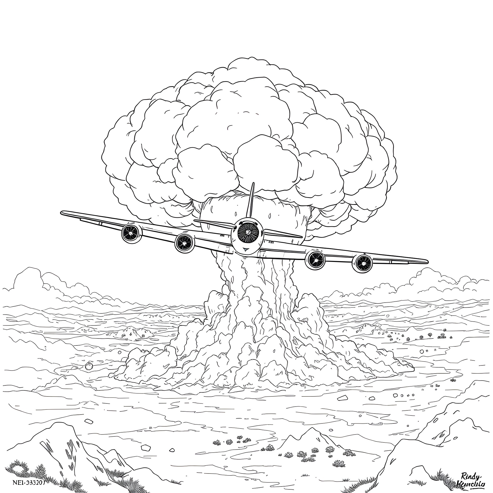 B52 Bomber flying over a nuclear explosion Coloring Page (free black-and-white line drawing printable PDF for all, from beginners to advanced learners, including children, teens, adults, and seniors)