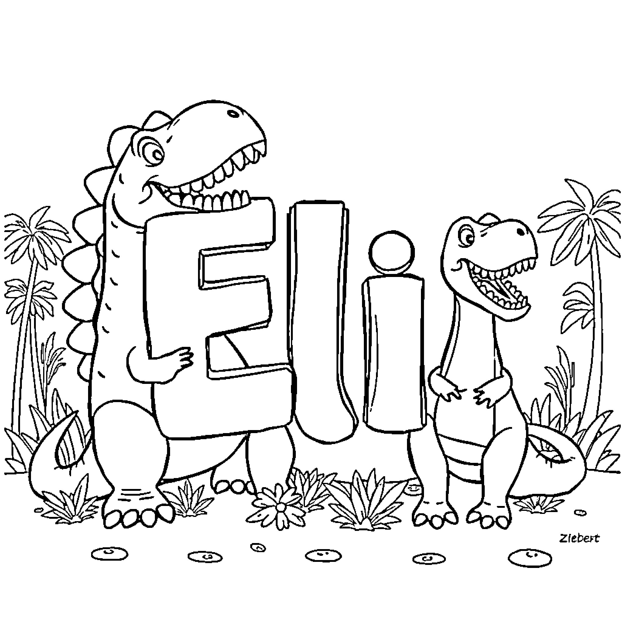 Dinosaurs playing with the word 'Dino' in nature Coloring Page (free black-and-white line drawing printable PDF for all, from beginners to advanced learners, including children, teens, adults, and seniors)