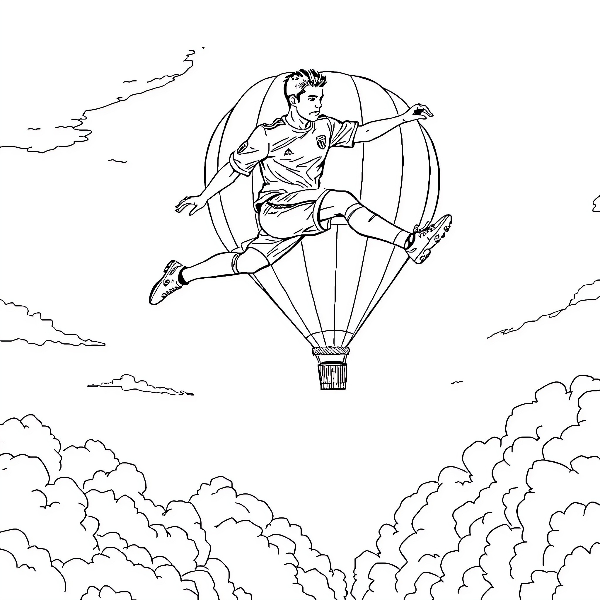 Ronaldo soaring high in hot air balloon adventure Coloring Page (free black-and-white line drawing printable PDF for all, from beginners to advanced learners, including children, teens, adults, and seniors)