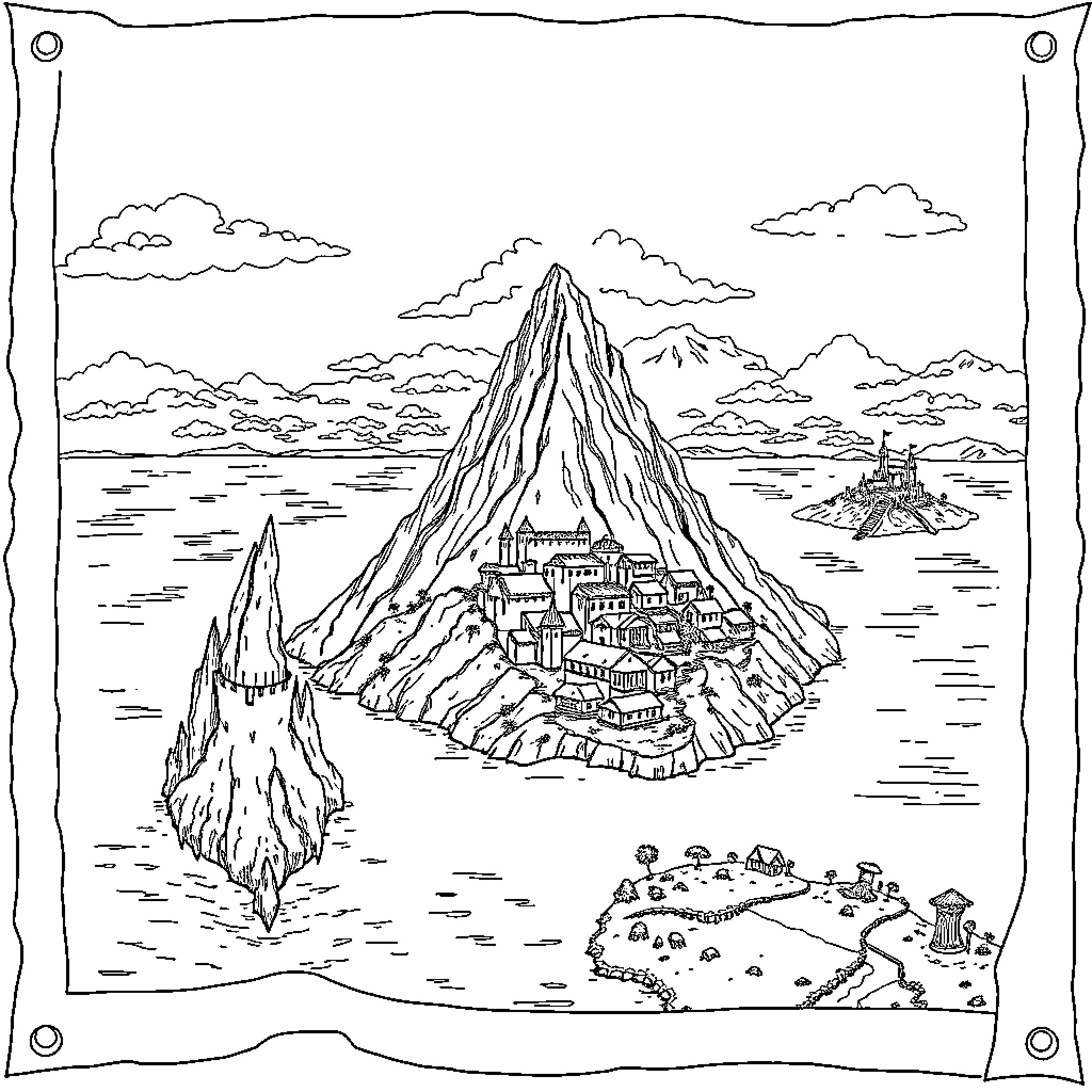 Map of a Fantastical Mountain Village Coloring Page (free black-and-white line drawing printable PDF for all, from beginners to advanced learners, including children, teens, adults, and seniors)