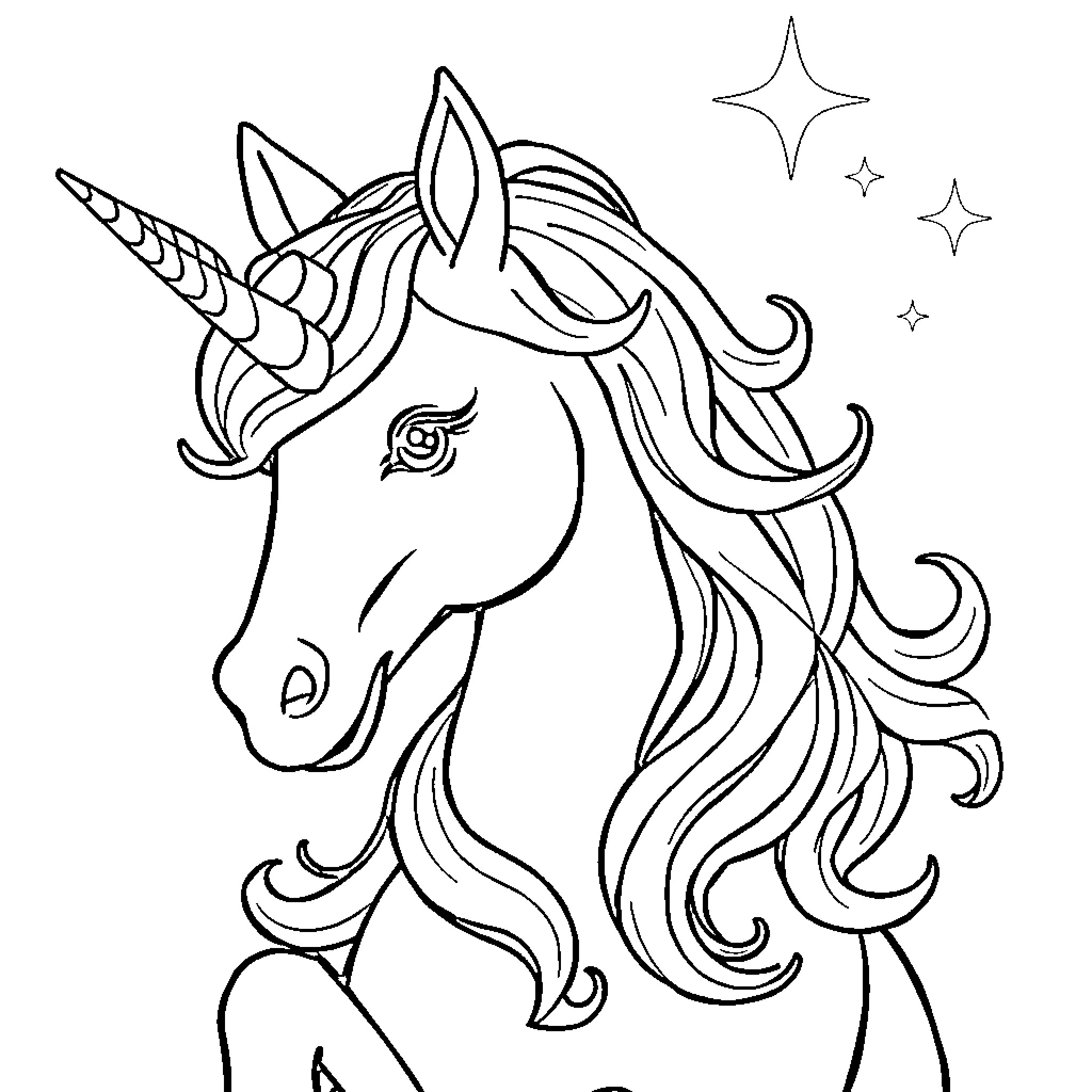Unicorn with flowing mane and starry backdrop Coloring Page (free black-and-white line drawing printable PDF for all, from beginners to advanced learners, including children, teens, adults, and seniors)