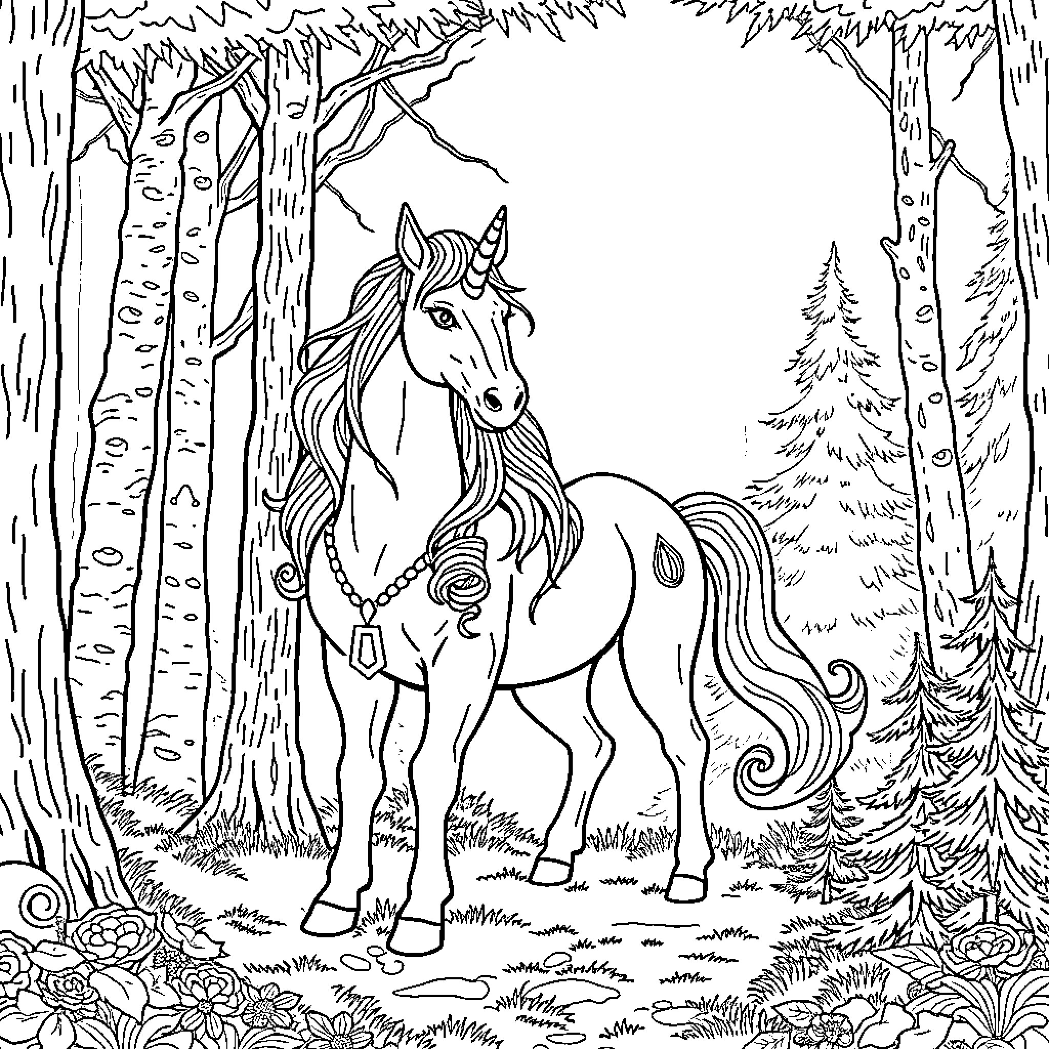 Unicorn walking gracefully through the enchanted forest Coloring Page (free black-and-white line drawing printable PDF for all, from beginners to advanced learners, including children, teens, adults, and seniors)