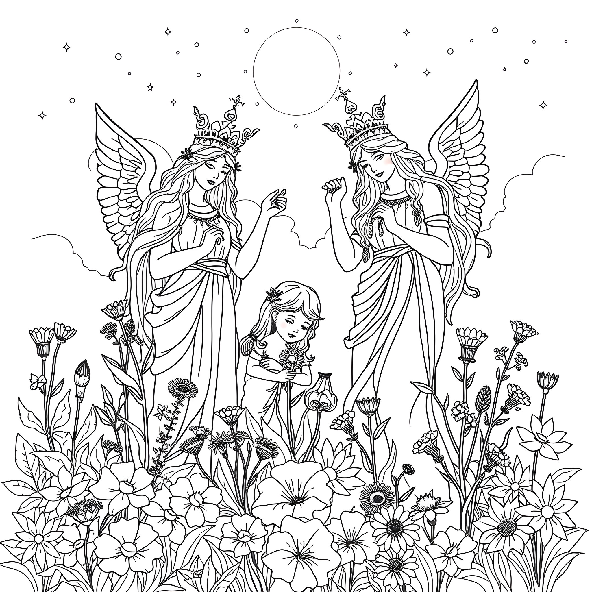 Goddess of Wisdom and Beauty in a Whimsical Floral Setting Coloring Page (free black-and-white line drawing printable PDF for all, from beginners to advanced learners, including children, teens, adults, and seniors)