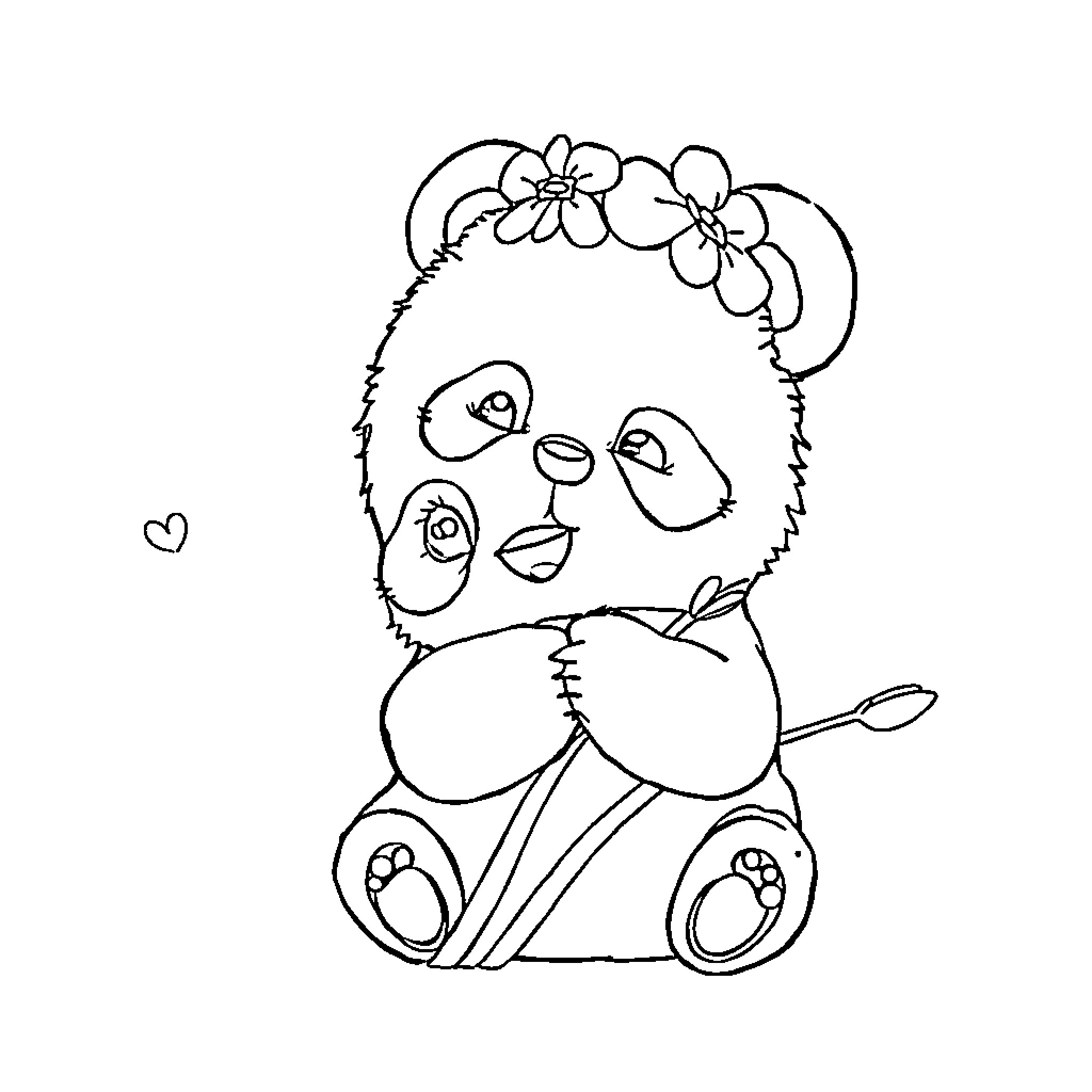 Panda with floral crown sitting adorably Coloring Page (free black-and-white line drawing printable PDF for all, from beginners to advanced learners, including children, teens, adults, and seniors)