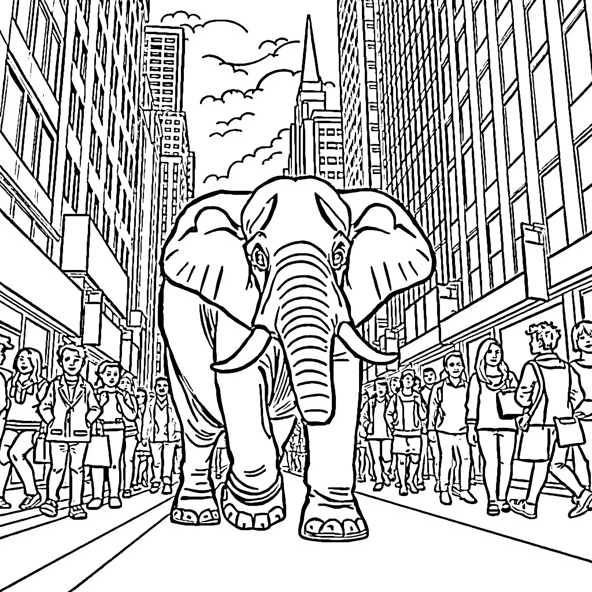 Elephant on parade in the city streets Coloring Page (free black-and-white line drawing printable PDF for all, from beginners to advanced learners, including children, teens, adults, and seniors)