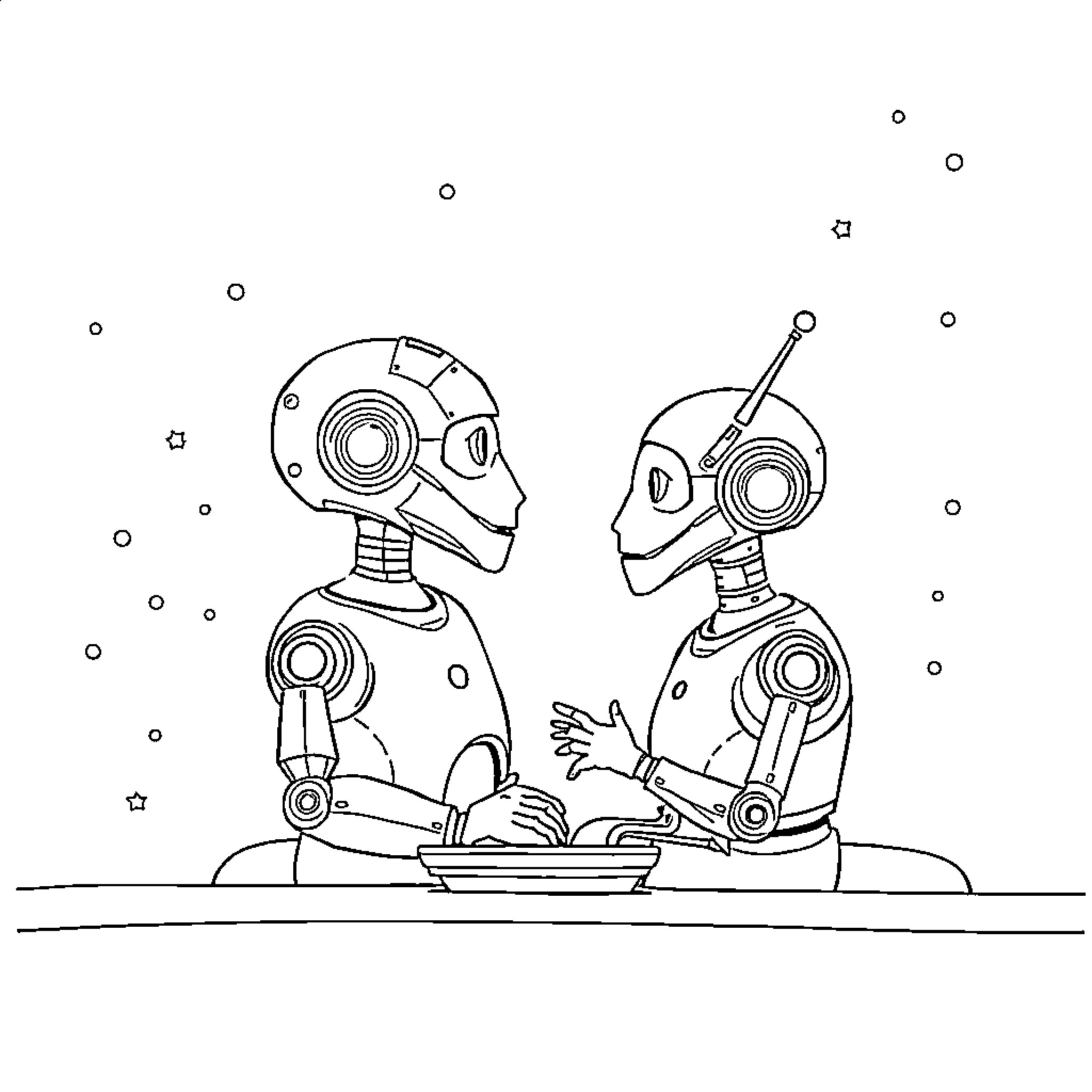 AI Robots Sharing a Meal in the Stars Coloring Page (free black-and-white line drawing printable PDF for all, from beginners to advanced learners, including children, teens, adults, and seniors)