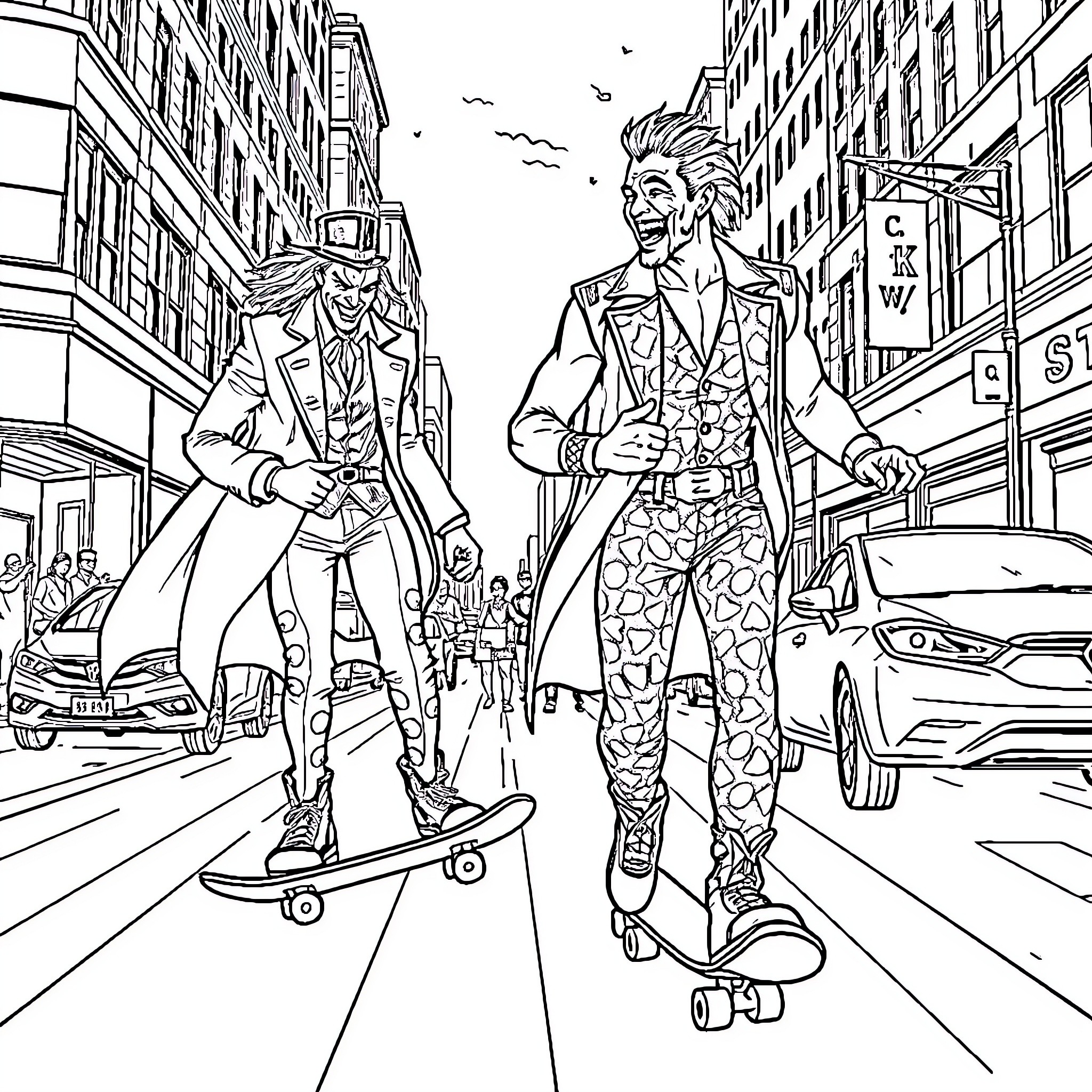 Sting of Stylish Skaters in the City Coloring Page (free black-and-white line drawing printable PDF for all, from beginners to advanced learners, including children, teens, adults, and seniors)