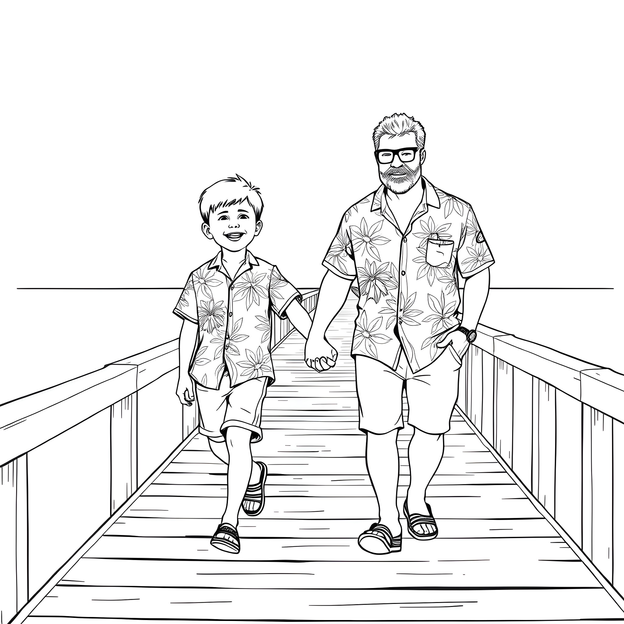 Boy walks with his father on a wooden bridge Coloring Page (free black-and-white line drawing printable PDF for all, from beginners to advanced learners, including children, teens, adults, and seniors)