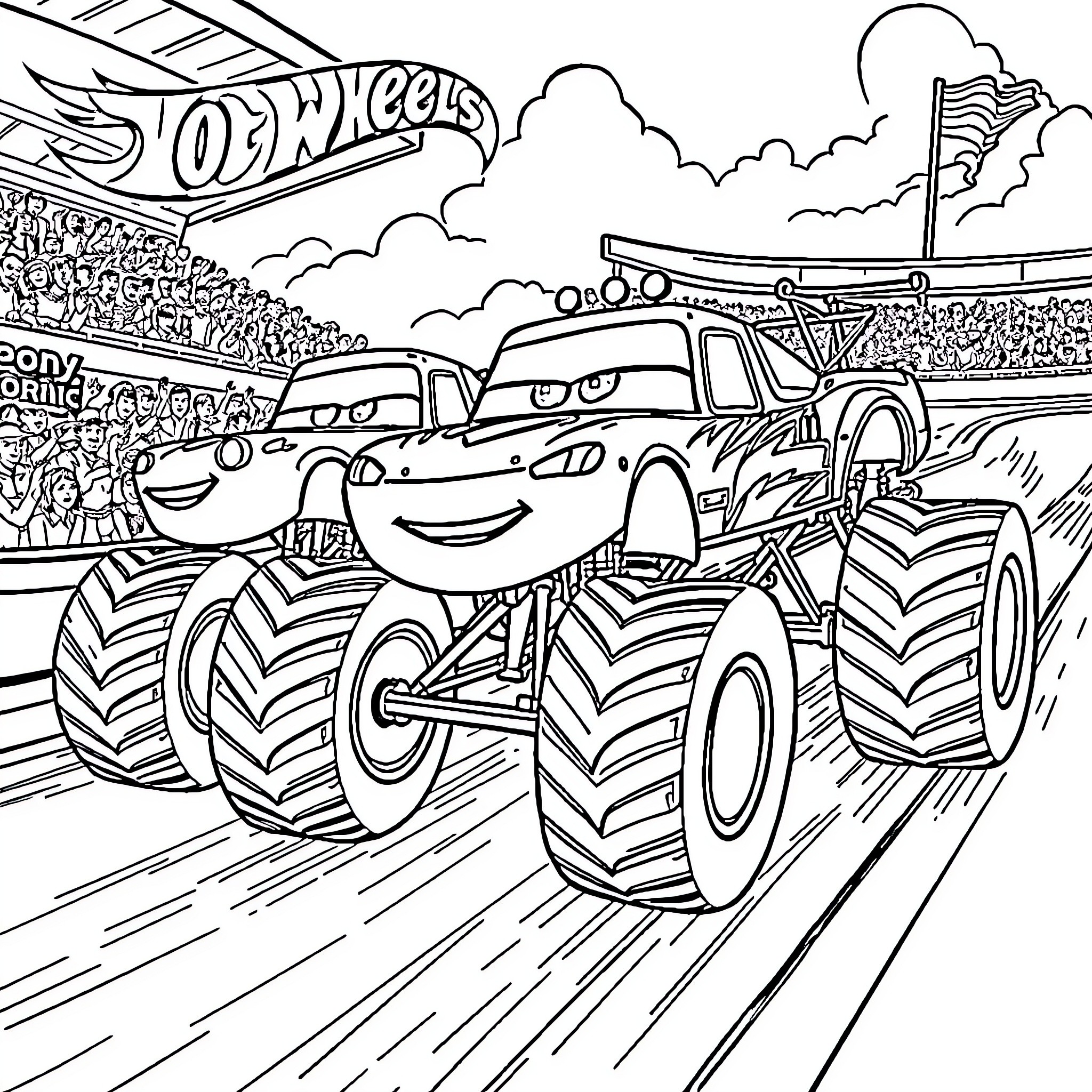 Car Monster Trucks Racing in Stadium Coloring Page (free black-and-white line drawing printable PDF for all, from beginners to advanced learners, including children, teens, adults, and seniors)