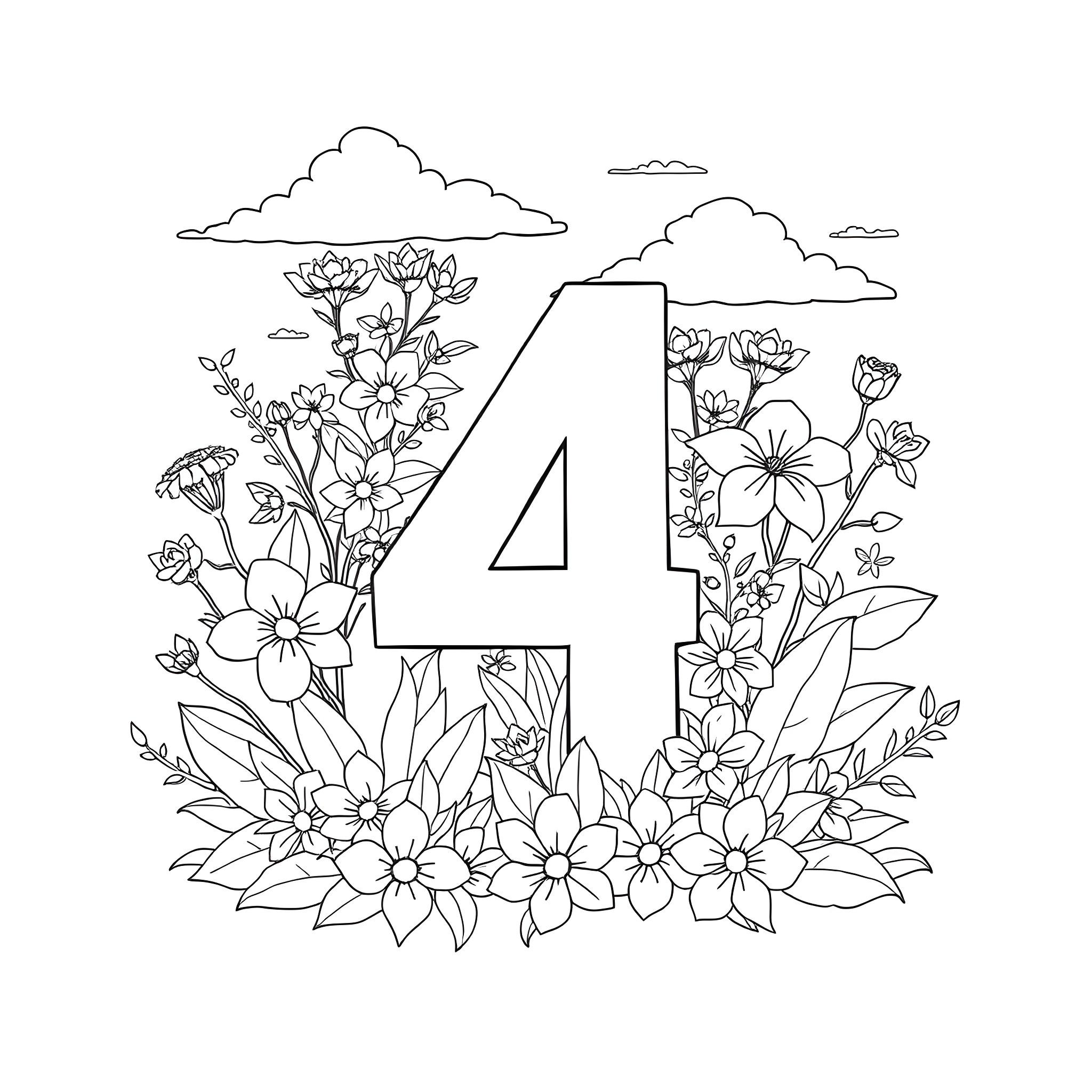 Number 4 surrounded by blooming flowers in nature Coloring Page (free black-and-white line drawing printable PDF for all, from beginners to advanced learners, including children, teens, adults, and seniors)