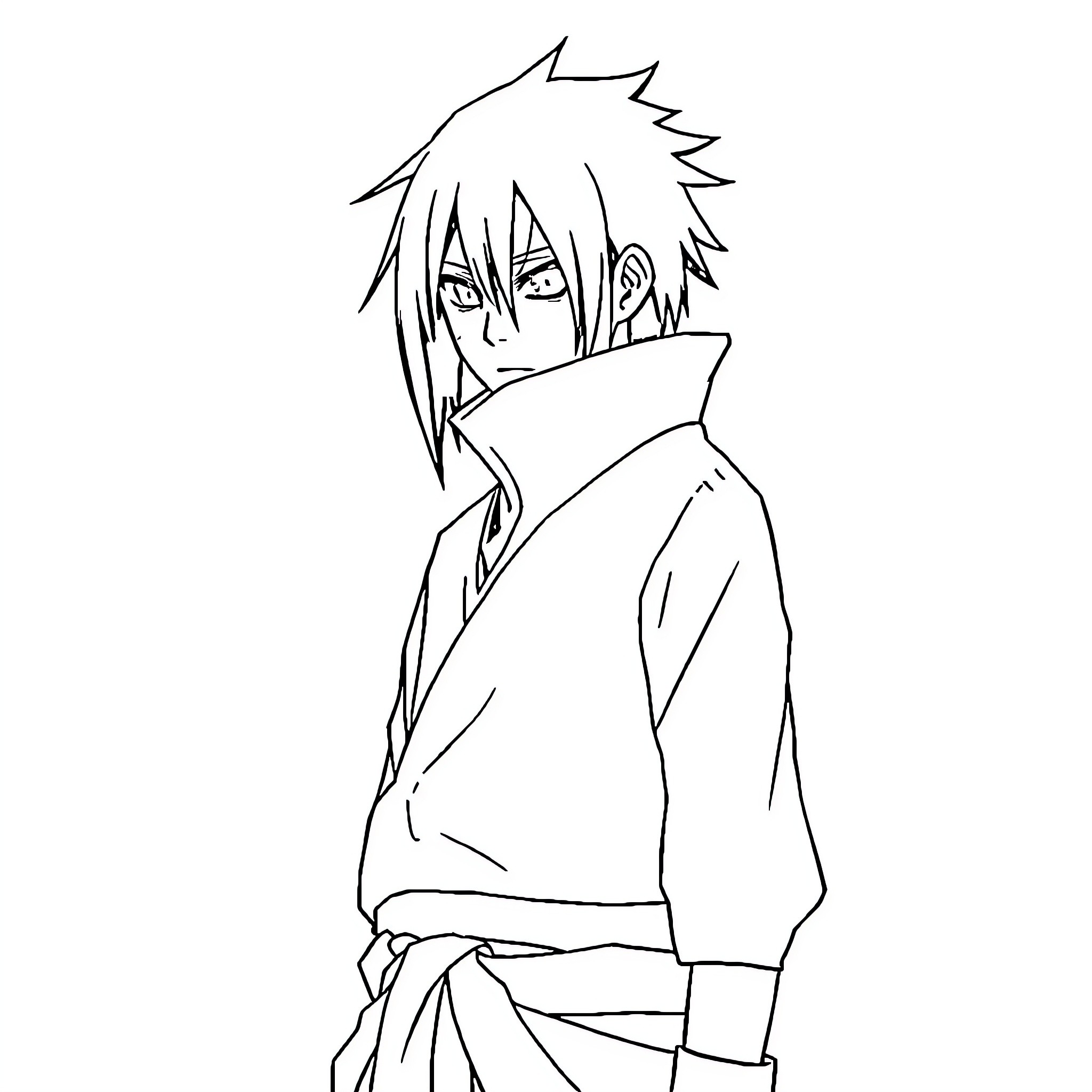 Itachi in Contemplative Pose Coloring Page (free black-and-white line drawing printable PDF for all, from beginners to advanced learners, including children, teens, adults, and seniors)