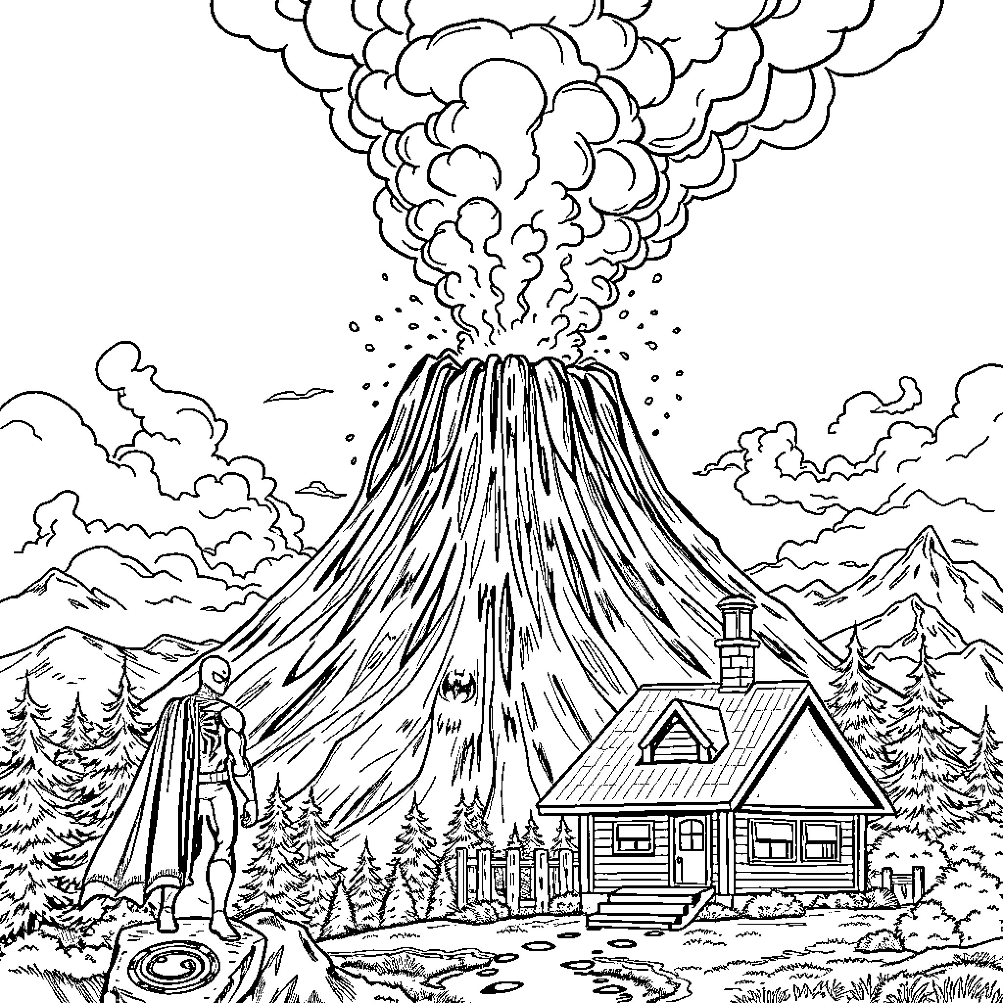 Volcano erupting in a mountain landscape Coloring Page (free black-and-white line drawing printable PDF for all, from beginners to advanced learners, including children, teens, adults, and seniors)