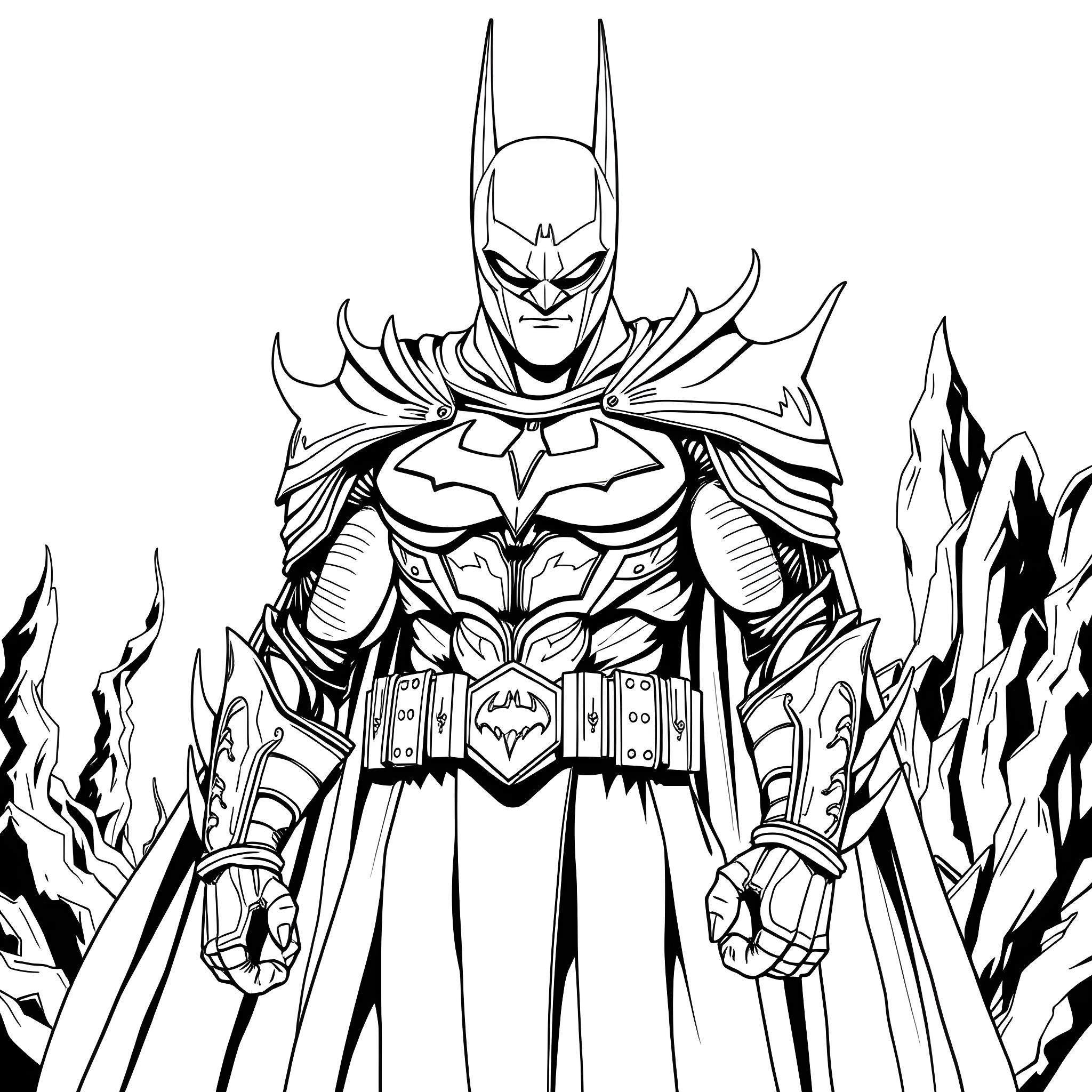 Batman in determined battle stance with dramatic surroundings Coloring Page (free black-and-white line drawing printable PDF for all, from beginners to advanced learners, including children, teens, adults, and seniors)
