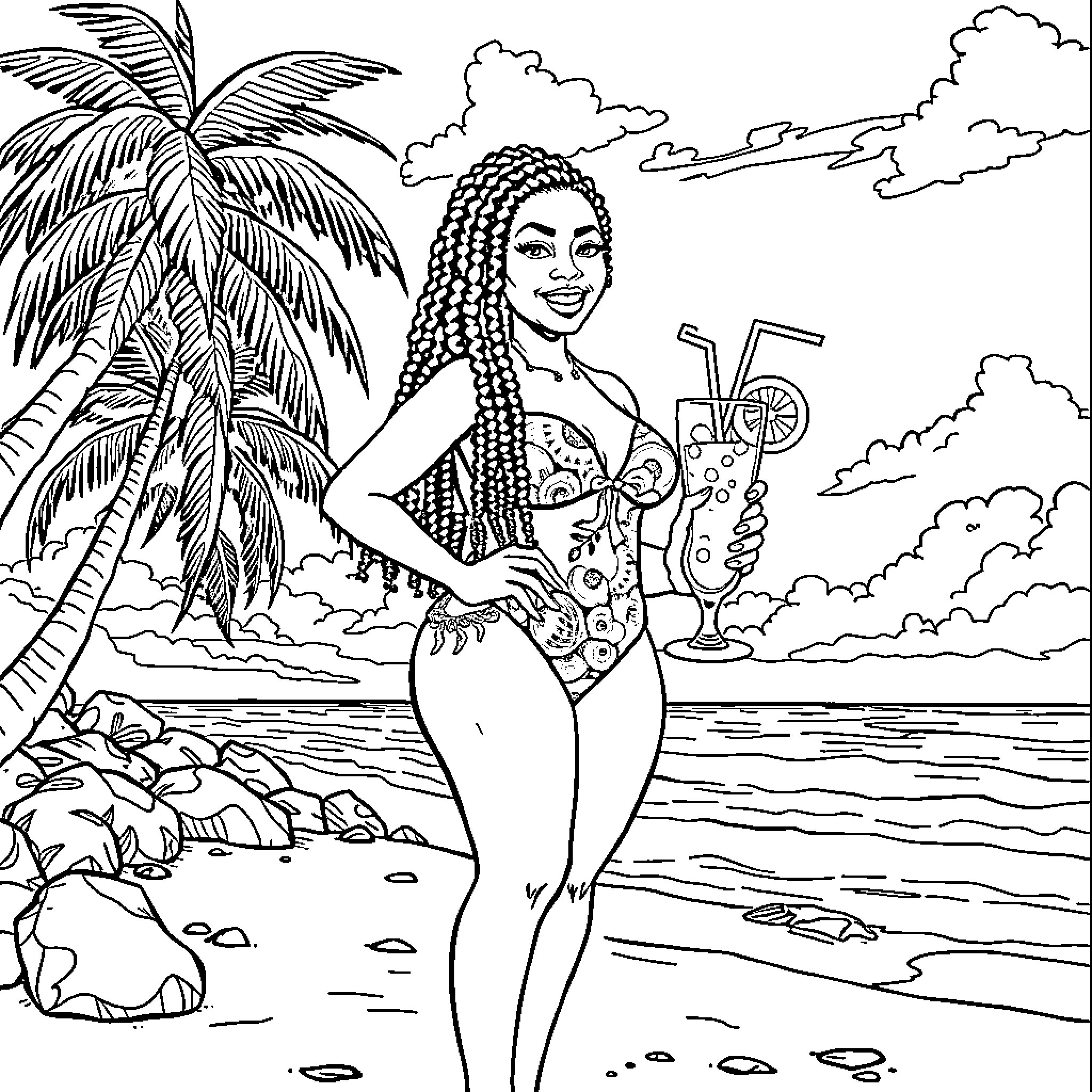 Woman enjoying tropical beach scene with palm tree and cocktail Coloring Page (free black-and-white line drawing printable PDF for all, from beginners to advanced learners, including children, teens, adults, and seniors)