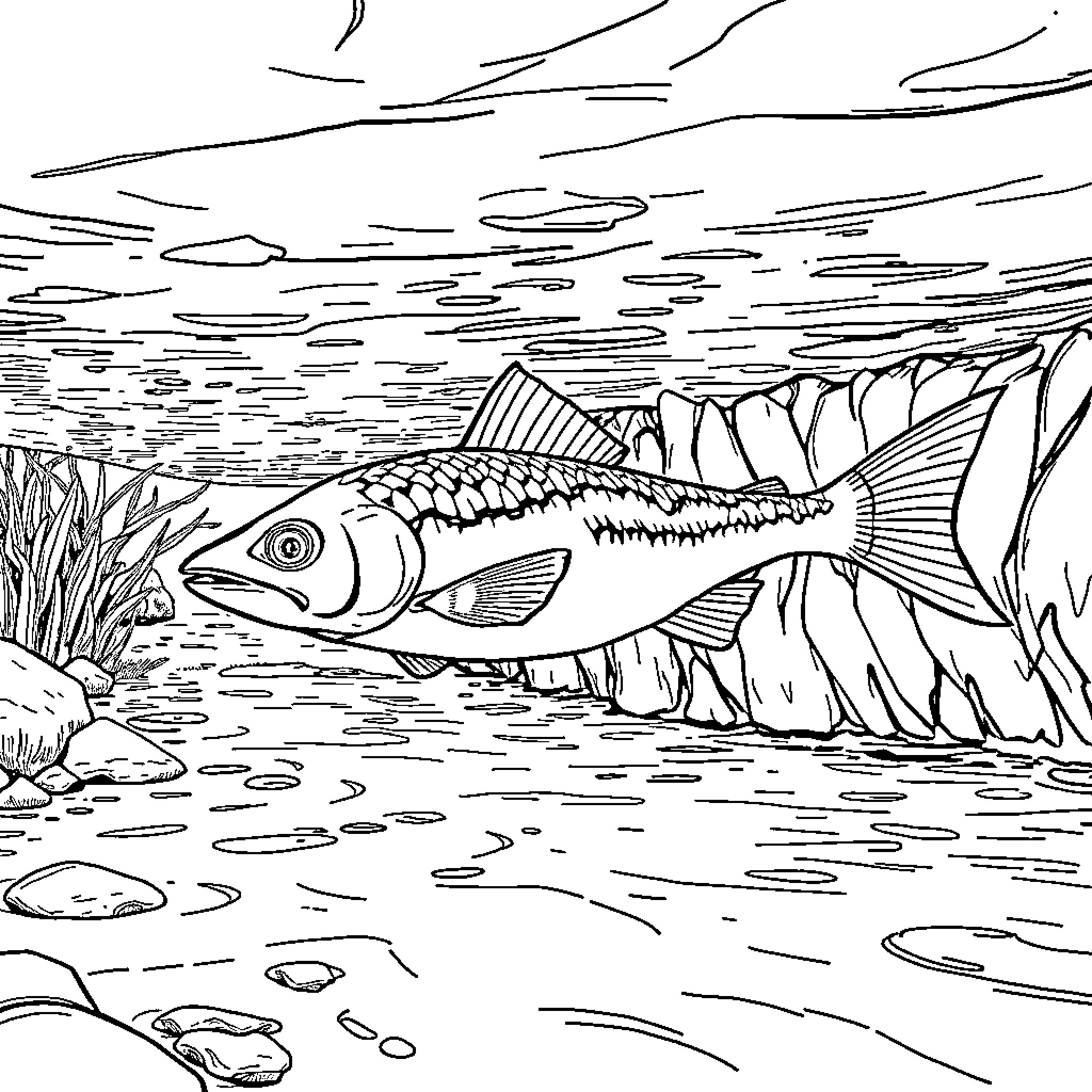 Ornitorrinco swimming in a river with rocks and plants Coloring Page (free black-and-white line drawing printable PDF for all, from beginners to advanced learners, including children, teens, adults, and seniors)